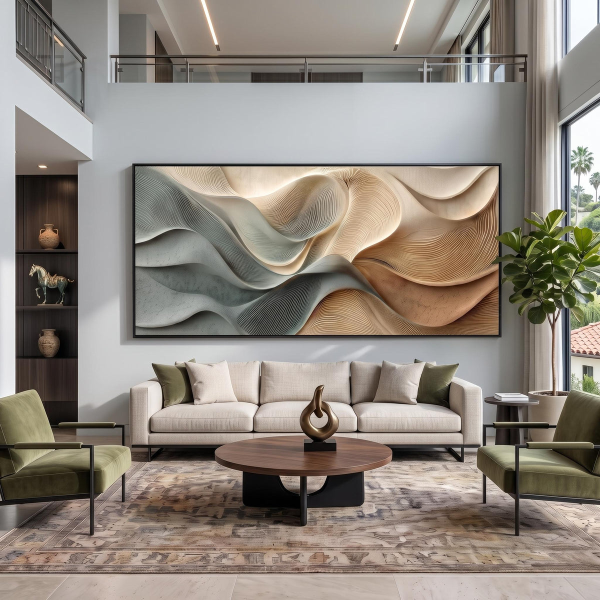 "Dusty Blue Beige Heavy‑Texture Wave" - Modern Heavy Impasto Ocean Wave Seascape | Beige Palette Knife Painting | Luxury Horizontal Wall Art #PT 2599