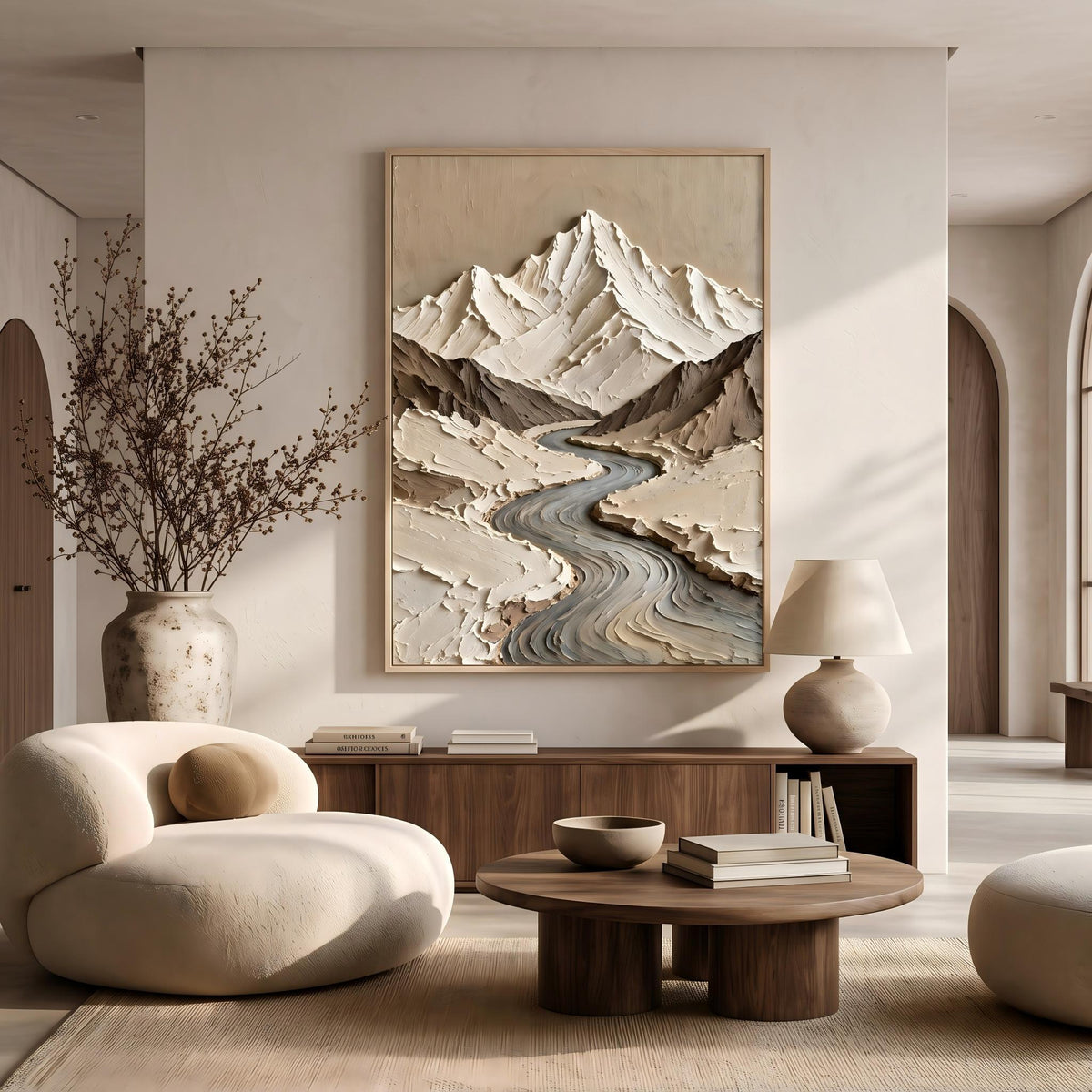 "Thick Impasto Mountain Valley" - Modern Heavy Impasto Landscape Artwork | Beige Palette Knife Painting | Luxury Vertical Wall Art #PT 2602