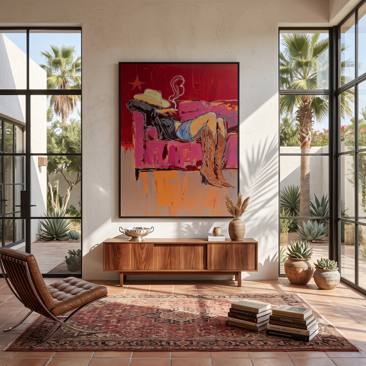 "Couch Western Cowgirl" - Modern Heavy Impasto Western Animal Artwork | Pink Palette Knife Painting | Luxury Vertical Wall Art #PT 2653