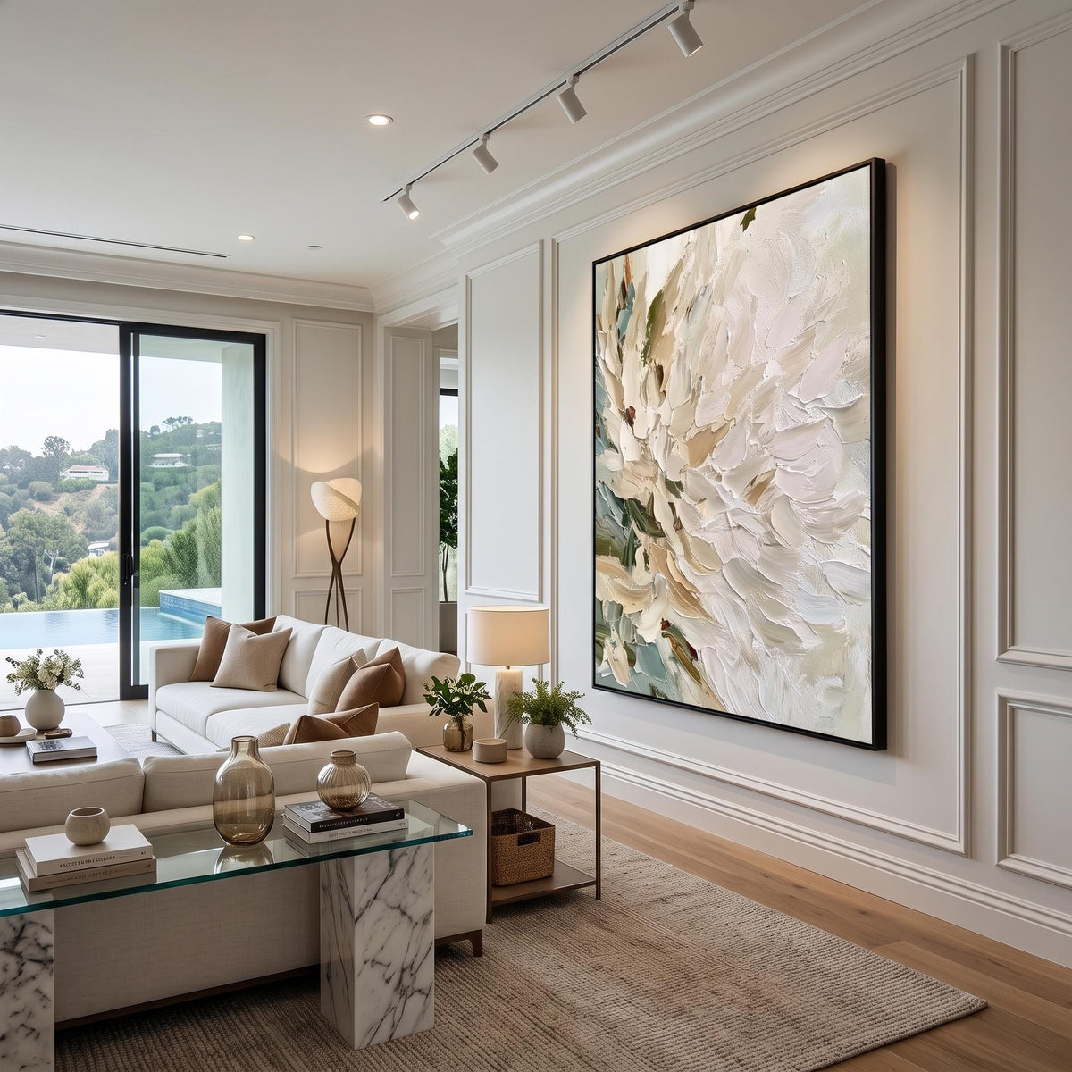 "Vertical Impasto White Flower" - Modern Heavy Impasto Floral Abstract | Beige Palette Knife Painting | Luxury Vertical Wall Art #PT 2620