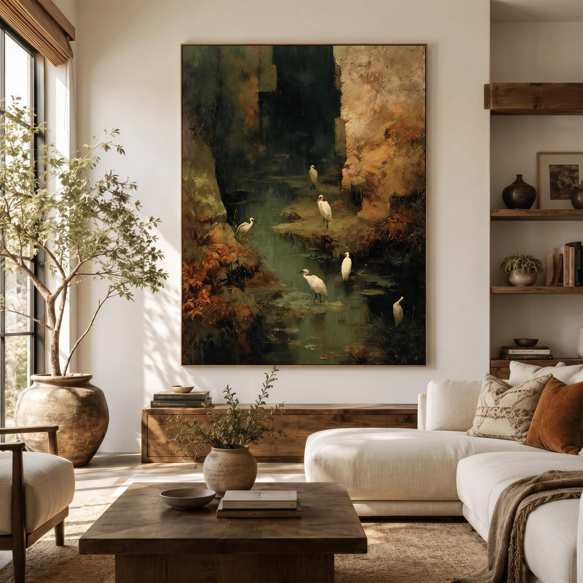 "Wetland Egret" - Modern Heavy Impasto Abstract Artwork | Golden Palette Knife Painting | Luxury Vertical Wall Art #PT 2617