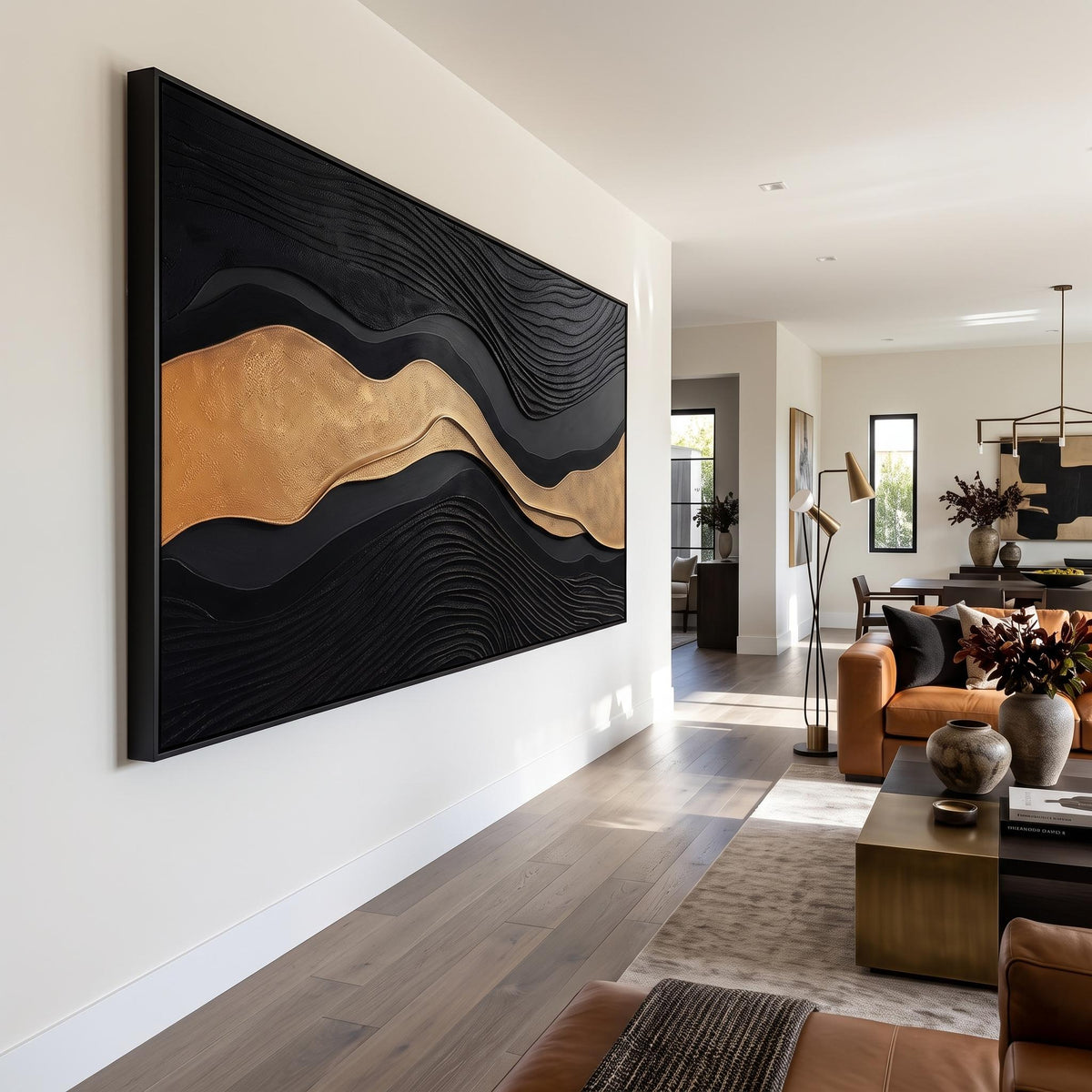 "Luxury Black‑Gold Layered Mountain" - Modern Heavy Impasto Landscape Artwork | Beige Palette Knife Painting | Luxury Horizontal Wall Art #PT 2612