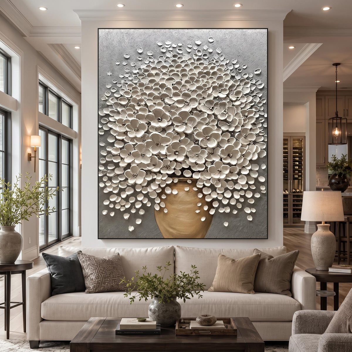 "Luxury 3D Blossom Wall" - Modern Heavy Impasto Floral Abstract | 3D Grey Palette Knife Painting | Luxury Vertical Wall Art #PT 2616