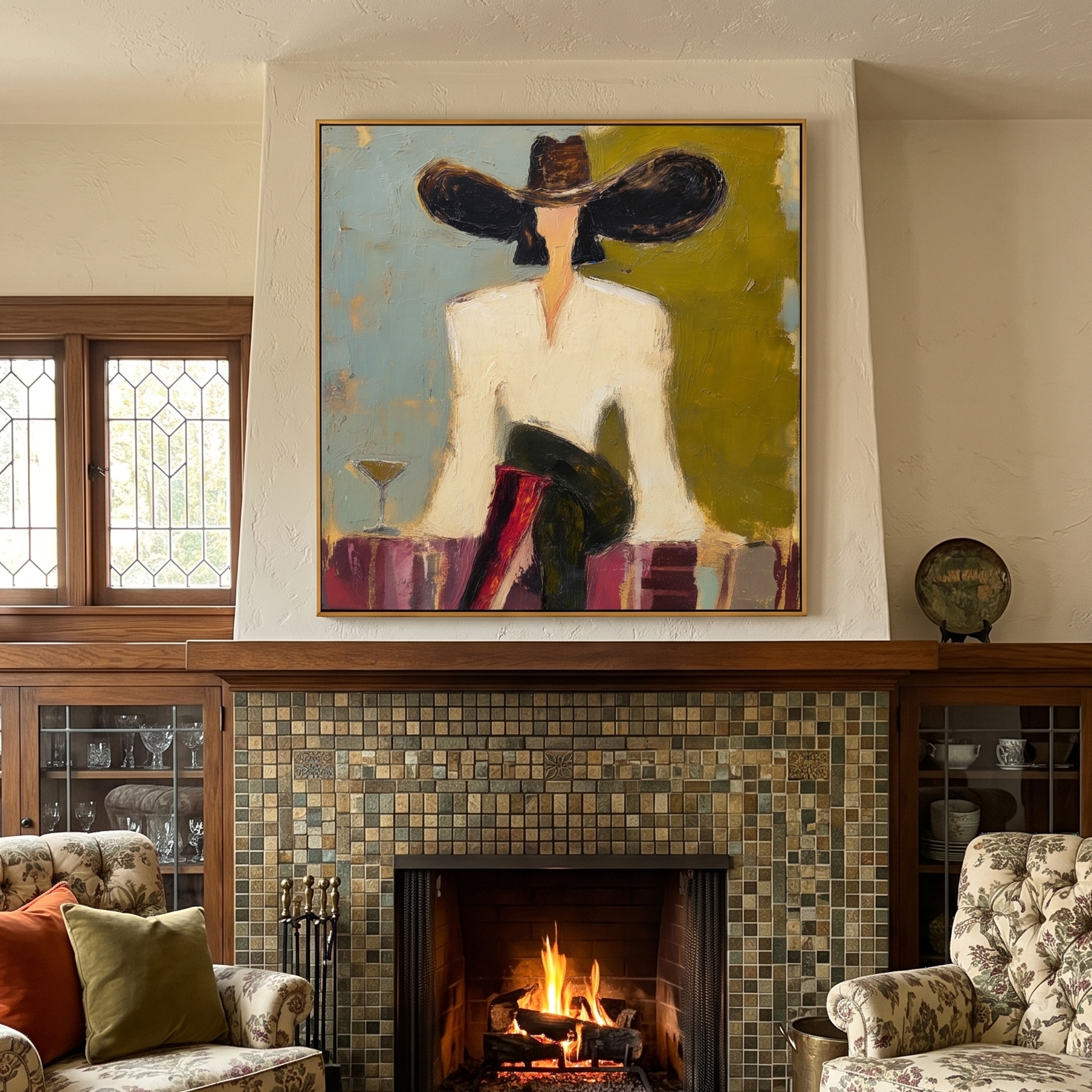 "Lounge Cowgirl With Martini" – Modern Heavy Impasto Retro Western Figurative | 3D Moss Olive & Dusty Teal Palette Knife Painting | Luxury Square Wall Art #AB 525