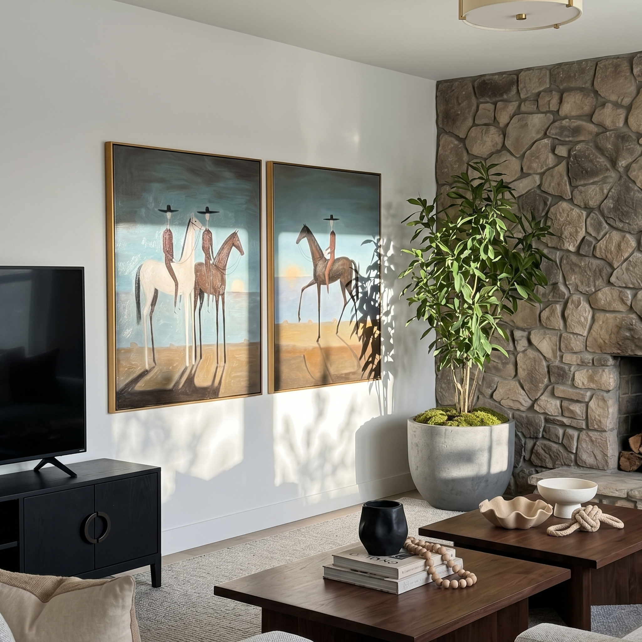 "Twilight Horizon Riders Diptych" – Modern Heavy Impasto Surreal Western Figurative | 3D Teal Dusk & Umber Brown Palette Knife Painting | Luxury Two-Panel Vertical Wall Art Set #AB 519