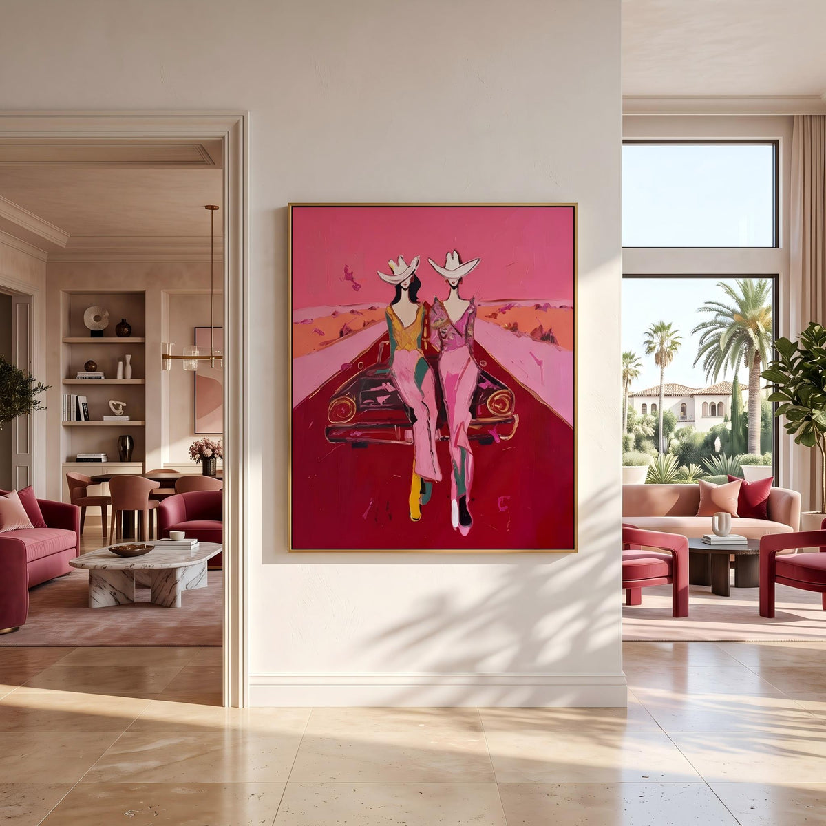 "Cowgirls on the Road" - Modern Heavy Impasto Abstract Artwork | Pink Palette Knife Painting | Luxury Vertical Wall Art #PT 2652