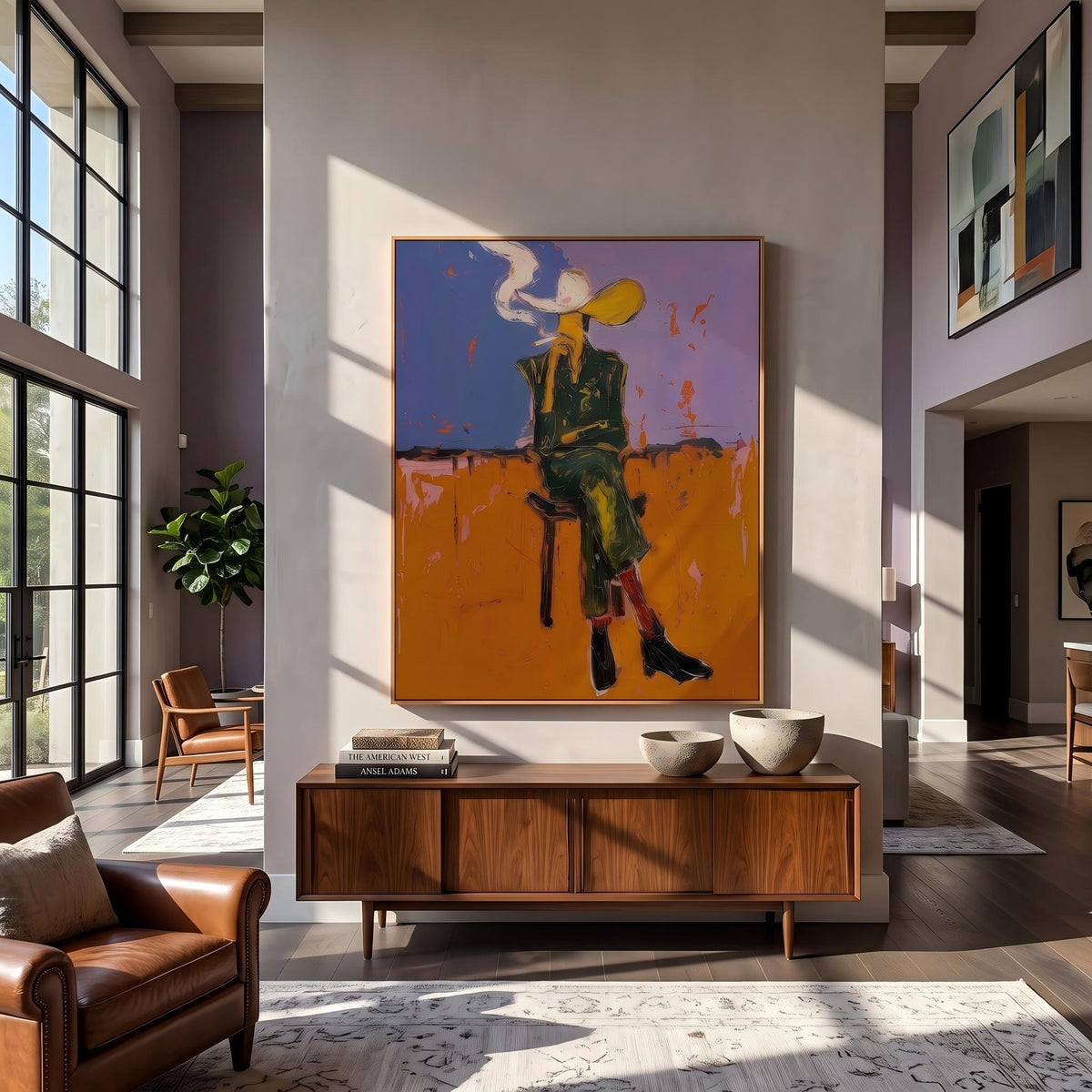 "Cigarettes Western Cowboy" - Modern Heavy Impasto Western Animal Artwork | Orange Palette Knife Painting | Luxury Vertical Wall Art #PT 2646
