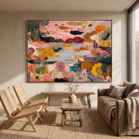 This 100% hand-painted abstract landscape features a flowing river-like path surrounded by pink, ochre, teal, orange, and dark accent marks. Built with layered palette-knife texture, it brings playful movement and a warm garden mood into living rooms, dining rooms, creative offices, and hospitality spaces.