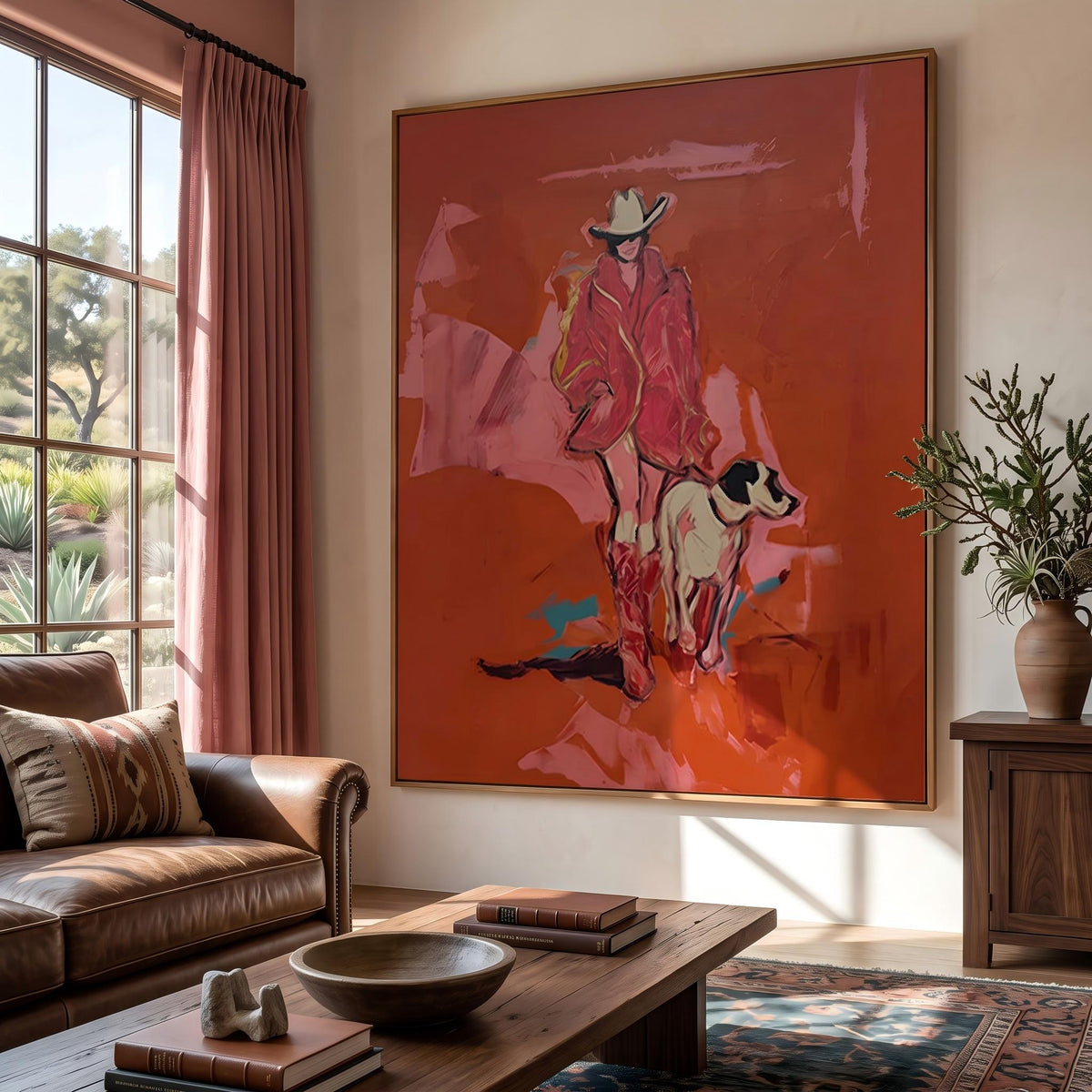 "Cowgirl and Dog" - Modern Heavy Impasto Dog Portrait Artwork | Pink Palette Knife Painting | Luxury Vertical Wall Art #PT 2650