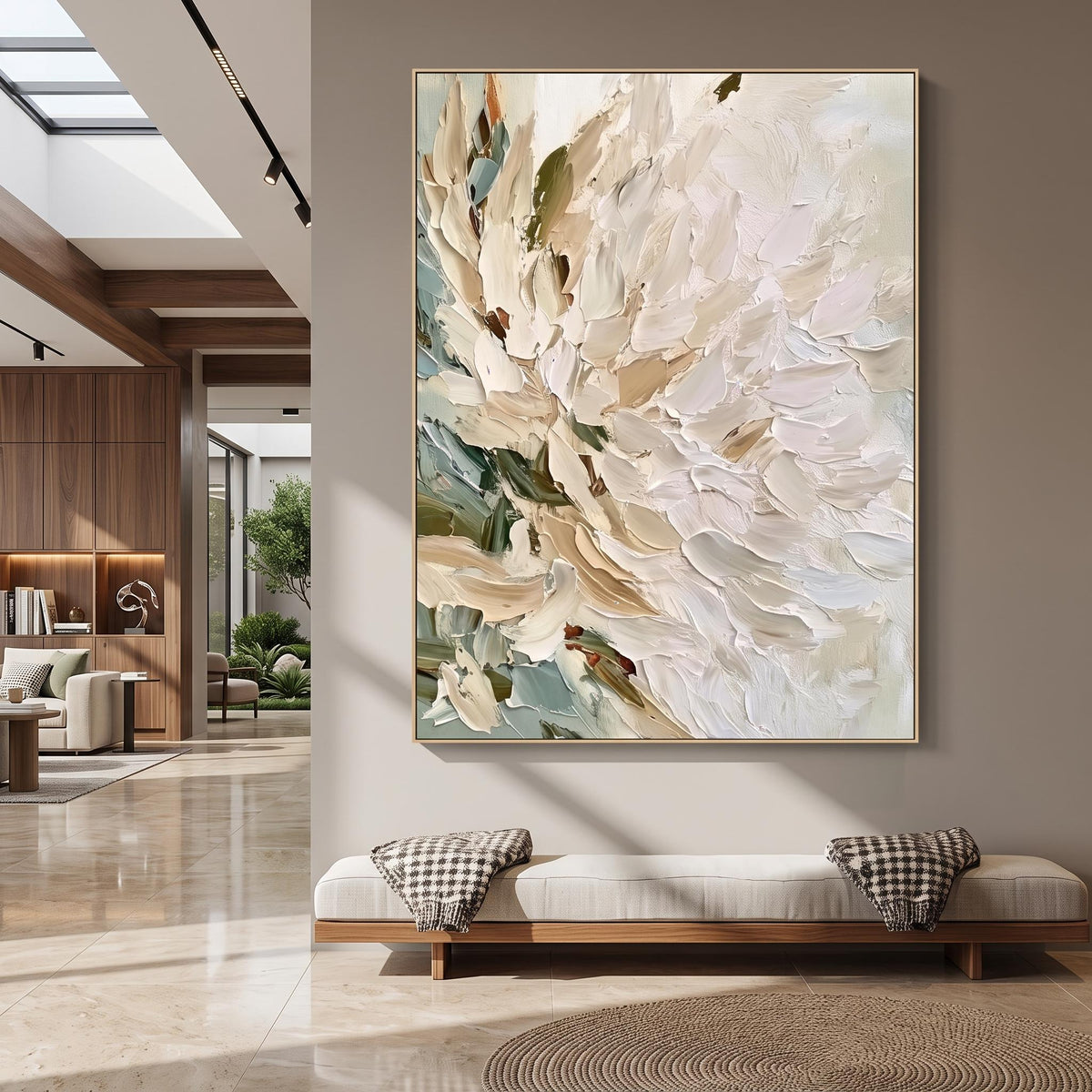 "Vertical Impasto White Flower" - Modern Heavy Impasto Floral Abstract | Beige Palette Knife Painting | Luxury Vertical Wall Art #PT 2620