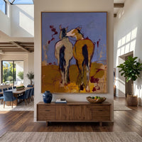 "Wild Companions" - Modern Heavy Impasto Western Animal Artwork | Yellow Palette Knife Painting | Luxury Vertical Wall Art #PT 2640