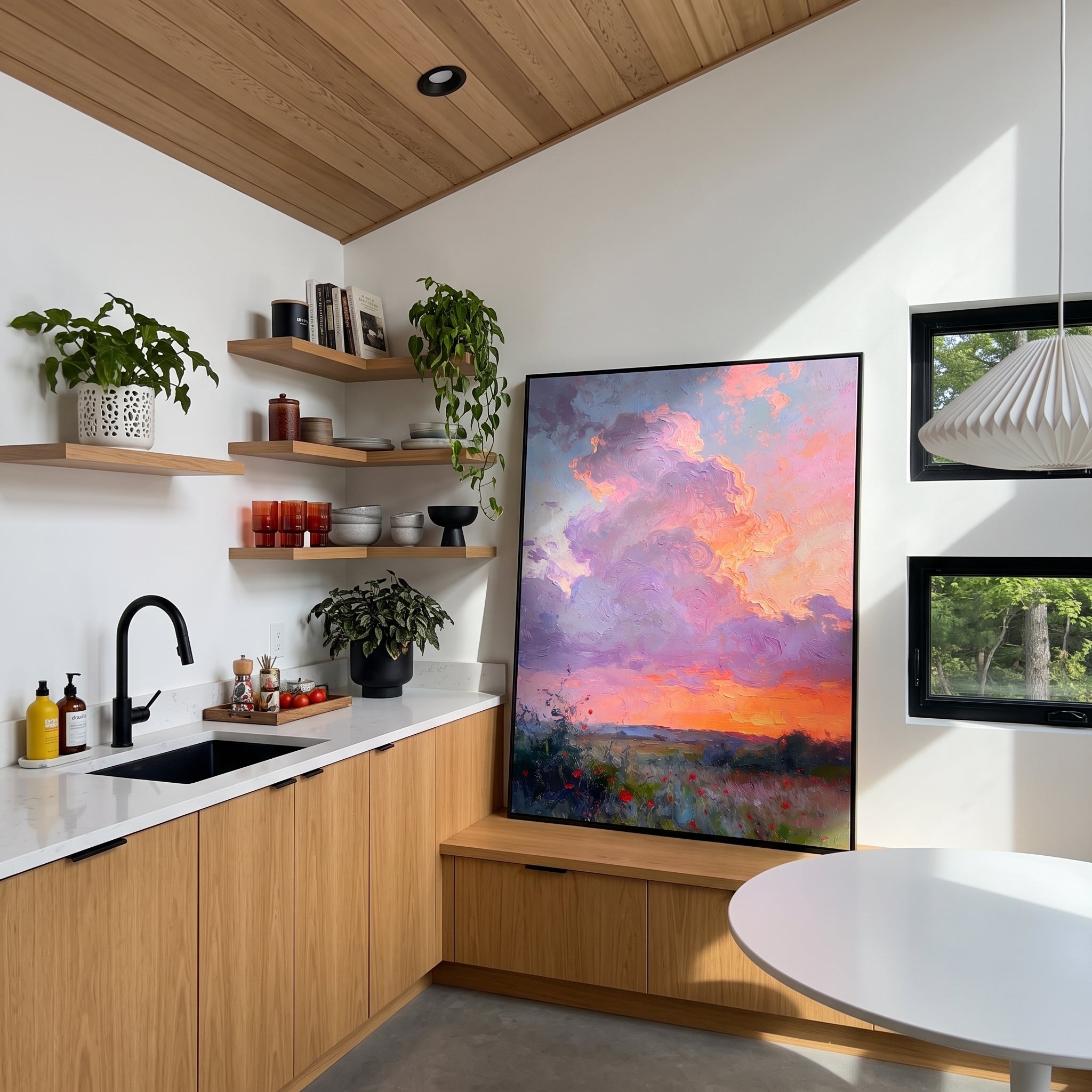 "Lavender Sunset Poppy Meadow" – Modern Heavy Impasto Impressionist Landscape | 3D Dusk Violet & Tangerine Glow Palette Knife Painting | Luxury Vertical Wall Art #PT 571