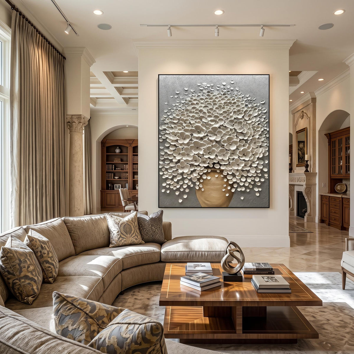 "Luxury 3D Blossom Wall" - Modern Heavy Impasto Floral Abstract | 3D Grey Palette Knife Painting | Luxury Vertical Wall Art #PT 2616