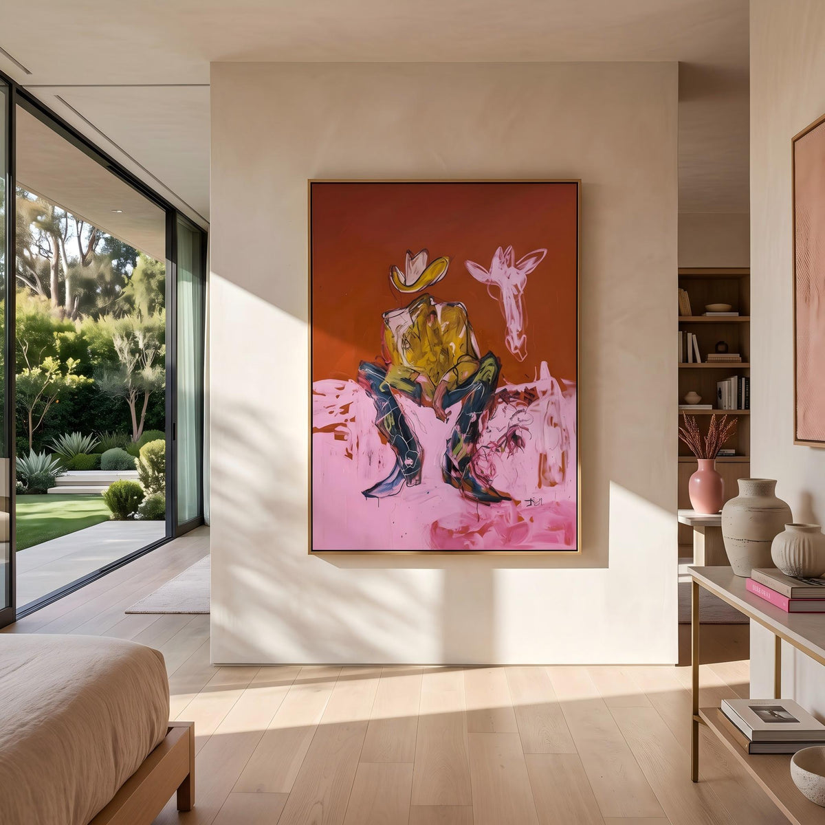 "Squatting faceless cowboy" - Modern Heavy Impasto Western Animal Artwork | Pink Palette Knife Painting | Luxury Vertical Wall Art #PT 2645