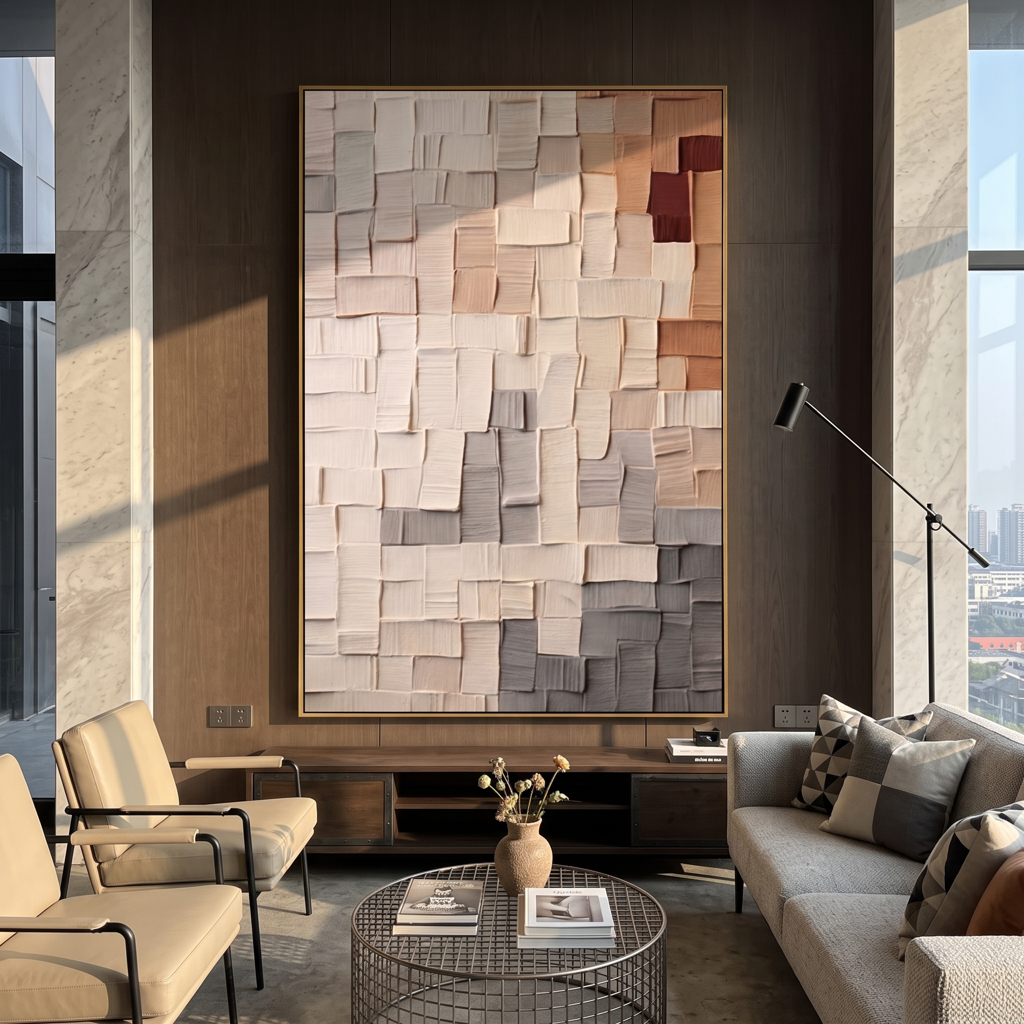 "Gradient Woven Clay Tile Relief" – Modern Heavy Impasto Geometric Minimal Abstract | 3D Warm Taupe & Ash Grey Palette Knife Painting | Luxury Vertical Wall Art #PT 575
