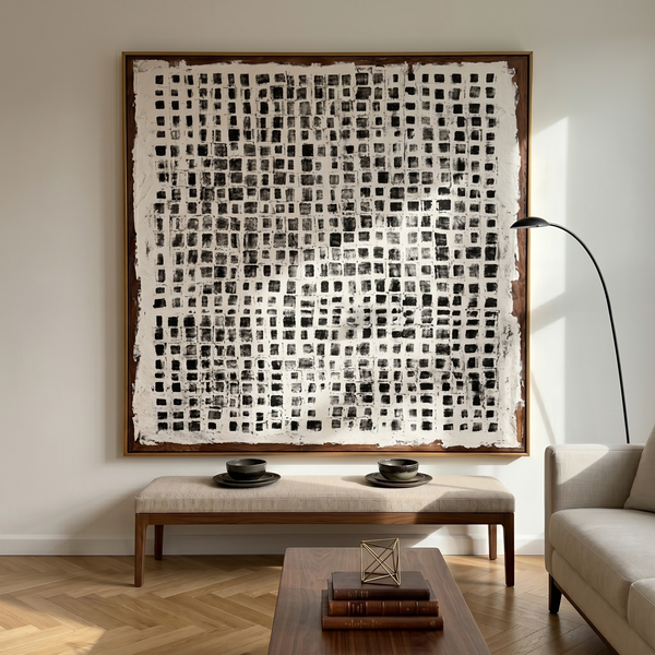 "Vintage Ink Grid" - Modern Heavy Impasto Minimal Geometric Art | 3D Charcoal Black & Off-White Palette Knife Painting | Luxury Square Wall Art #WS259