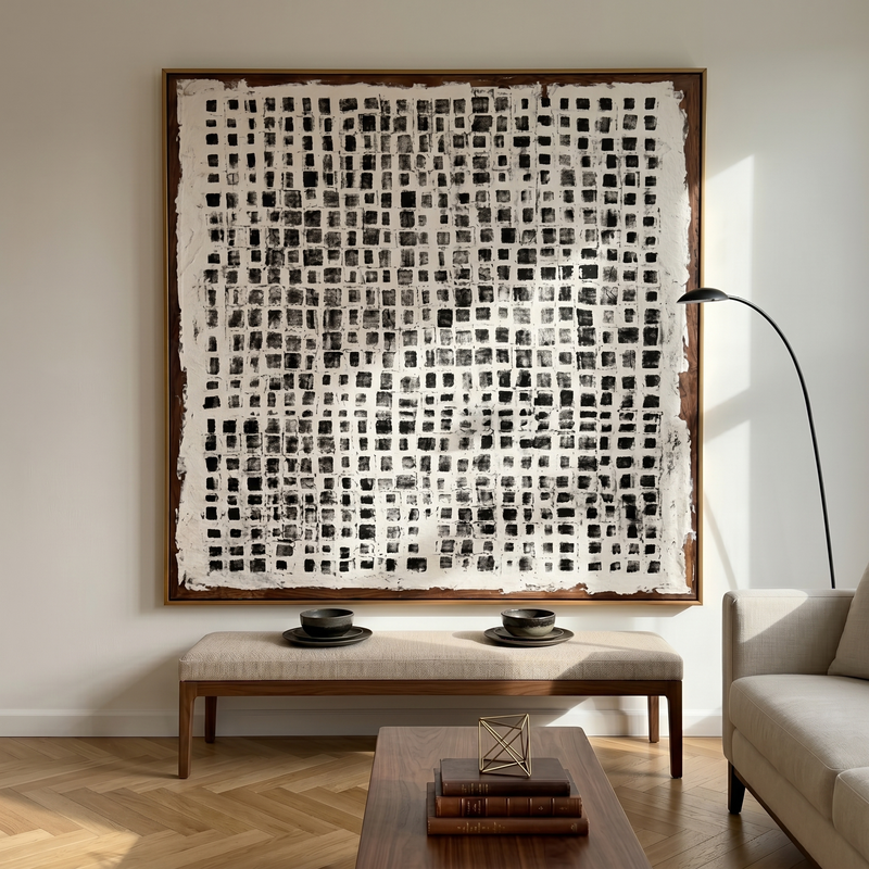 "Vintage Ink Grid" - Modern Heavy Impasto Minimal Geometric Art | 3D Charcoal Black & Off-White Palette Knife Painting | Luxury Square Wall Art #WS259