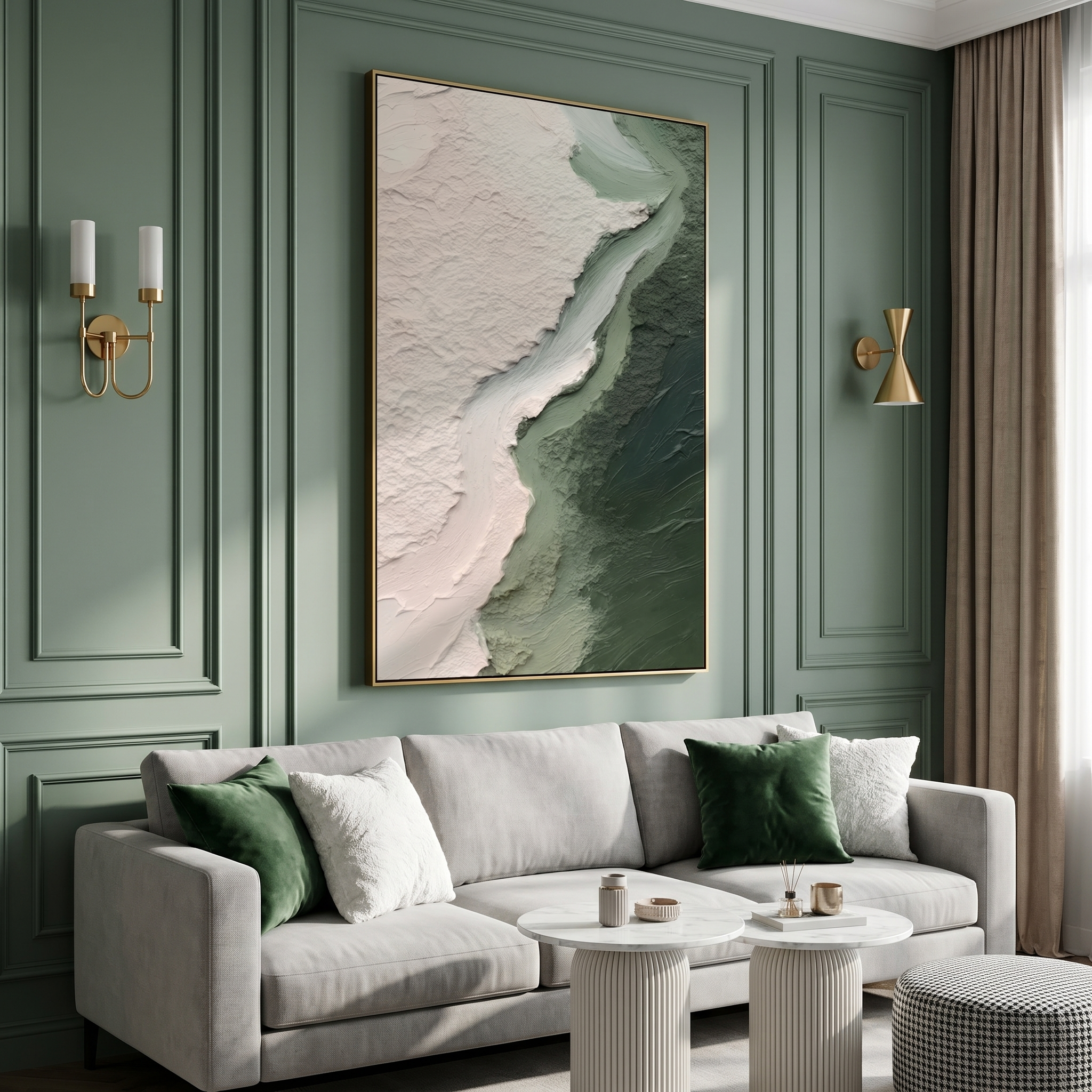 "Flowing Sage Wave Divide" – Modern Heavy Impasto Wabi‑Sabi Abstract | 3D Soft Blush Pink & Gradient Sage‑Green Palette Knife Painting | Luxury Vertical Wall Art #PT 596