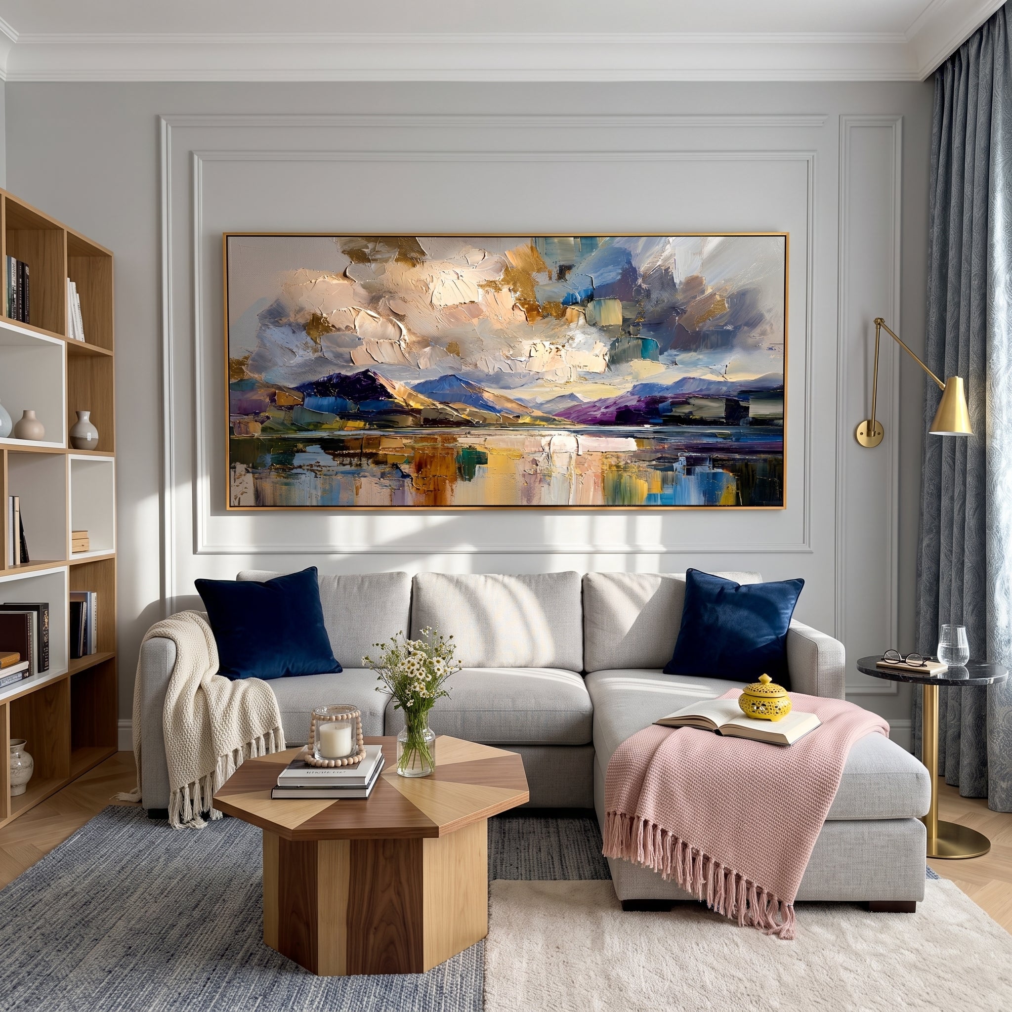 "Gilded Mountain Lake Reflection Vista" - Modern Heavy Impasto Abstract Landscape | 3D Lavender Violet & Gilded Gold Palette Knife Painting | Luxury Wide Horizontal Wall Art #PT 580
