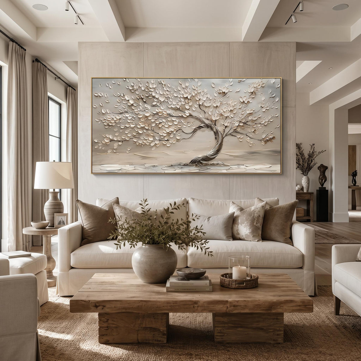 "Life Tree" - Modern Heavy Impasto Botanical Tree Artwork | White Palette Knife Painting | Luxury Horizontal Wall Art #PT 2613