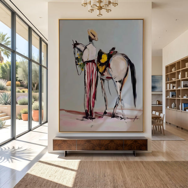 "Western Cowboy and Horse" - Modern Heavy Impasto Western Animal Artwork | White Palette Knife Painting | Luxury Vertical Wall Art #PT 2637