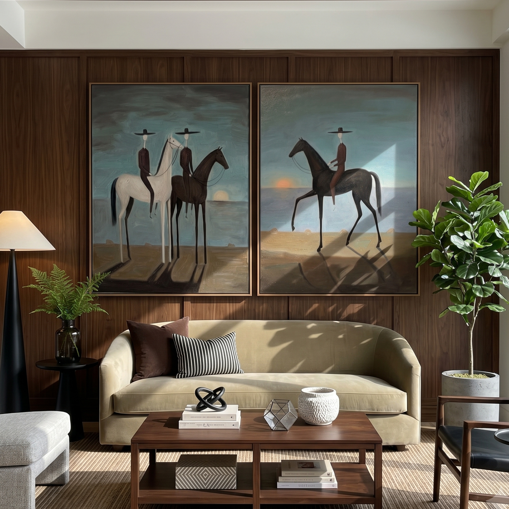 "Twilight Horizon Riders Diptych" – Modern Heavy Impasto Surreal Western Figurative | 3D Teal Dusk & Umber Brown Palette Knife Painting | Luxury Two-Panel Vertical Wall Art Set #AB 519