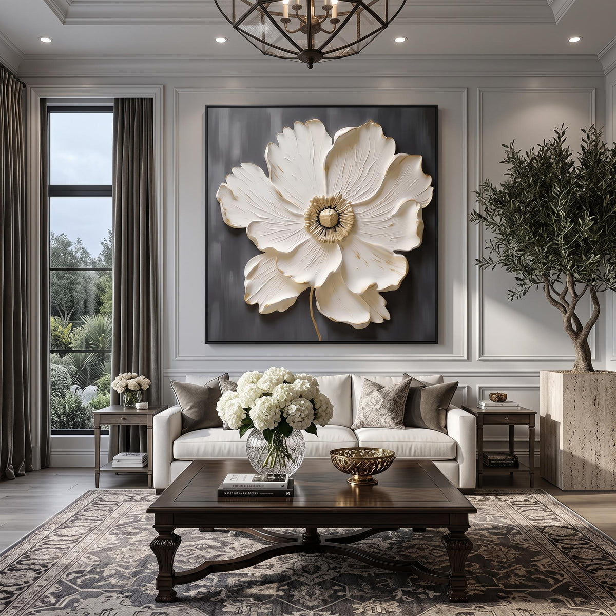 "Square White‑Gold Flower" - Modern Heavy Impasto Floral Abstract | White Palette Knife Painting | Luxury Square Wall Art #PT 2610