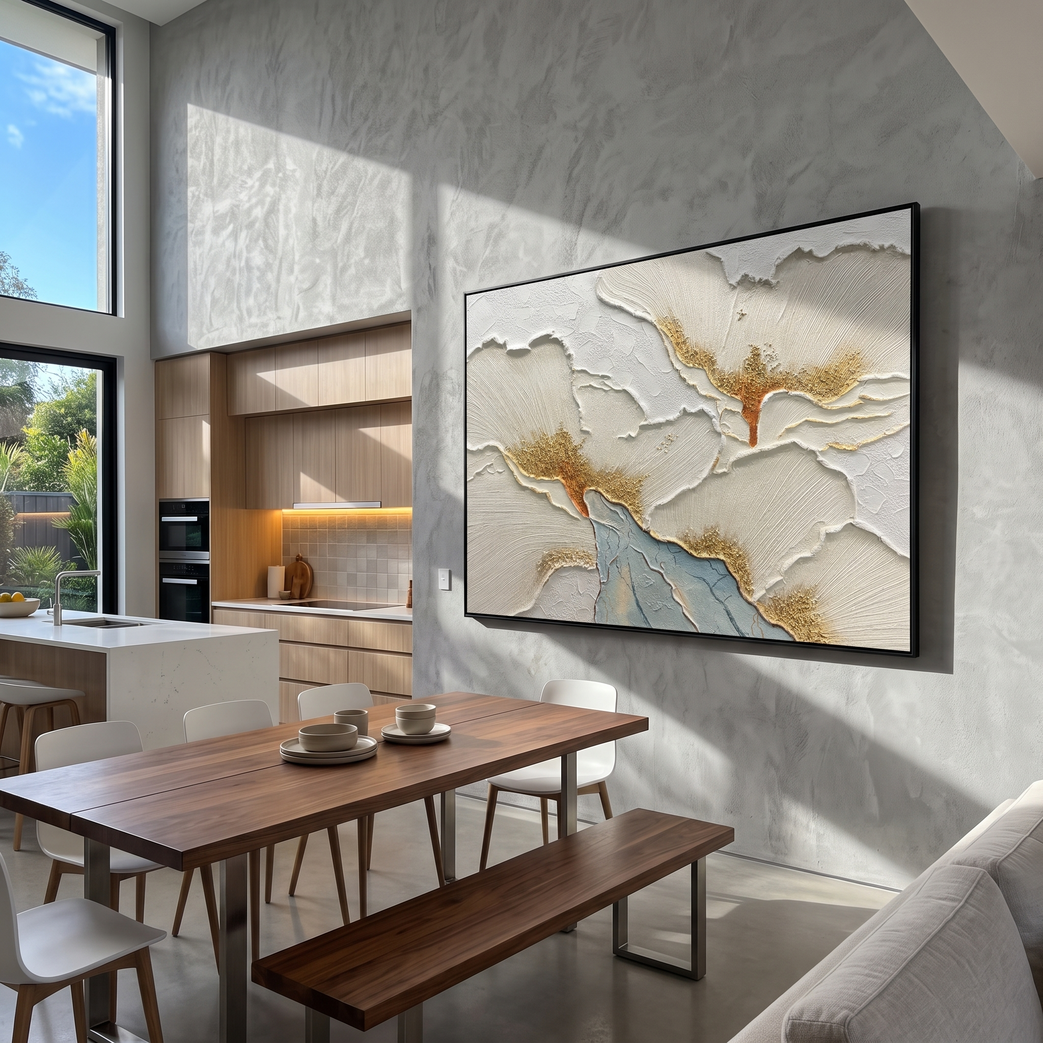 "White Blossom Relief" - Modern Textured Floral Art | 3D Ivory & Gold Impasto Canvas Painting | Luxury Horizontal Wall Art #PT 595