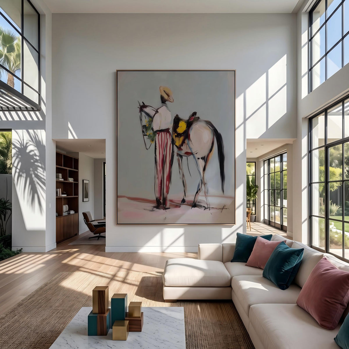 "Western Cowboy and Horse" - Modern Heavy Impasto Western Animal Artwork | White Palette Knife Painting | Luxury Vertical Wall Art #PT 2637