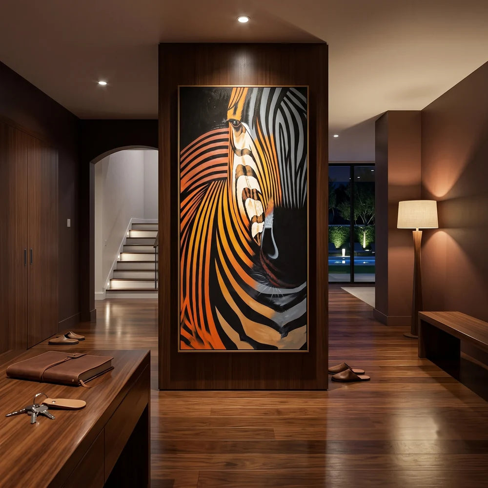"Zebra Stripe Graphic Wall Painting" - Modern Heavy Impasto Western Animal Artwork | Black & White Palette Knife Painting | Luxury Vertical Wall Art #PT 638