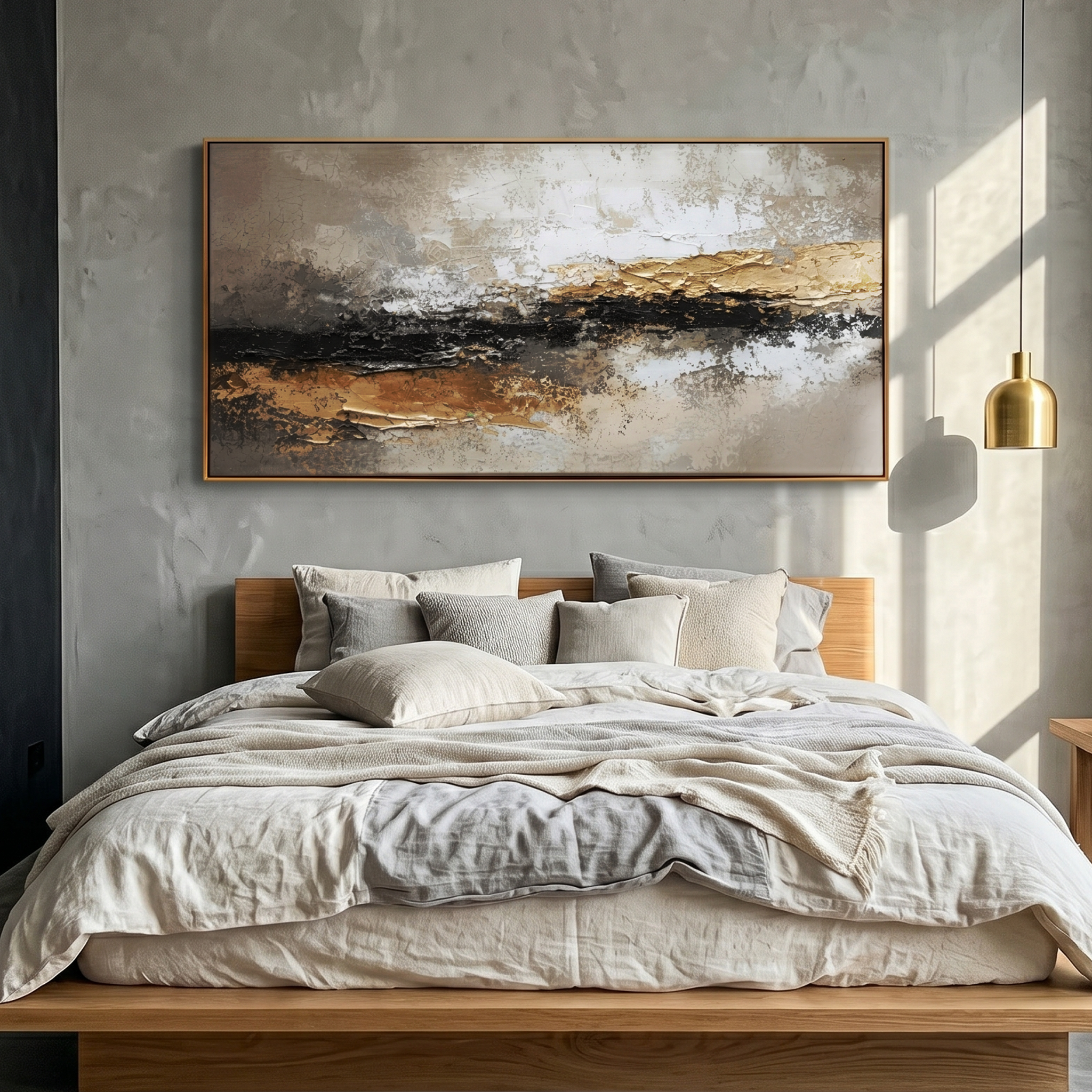 "Tectonic Rift" – Luxury 3D Sculptural Gold Foil Relief | Modern Wabi-Sabi Gray Texture Horizontal Art #WS 240