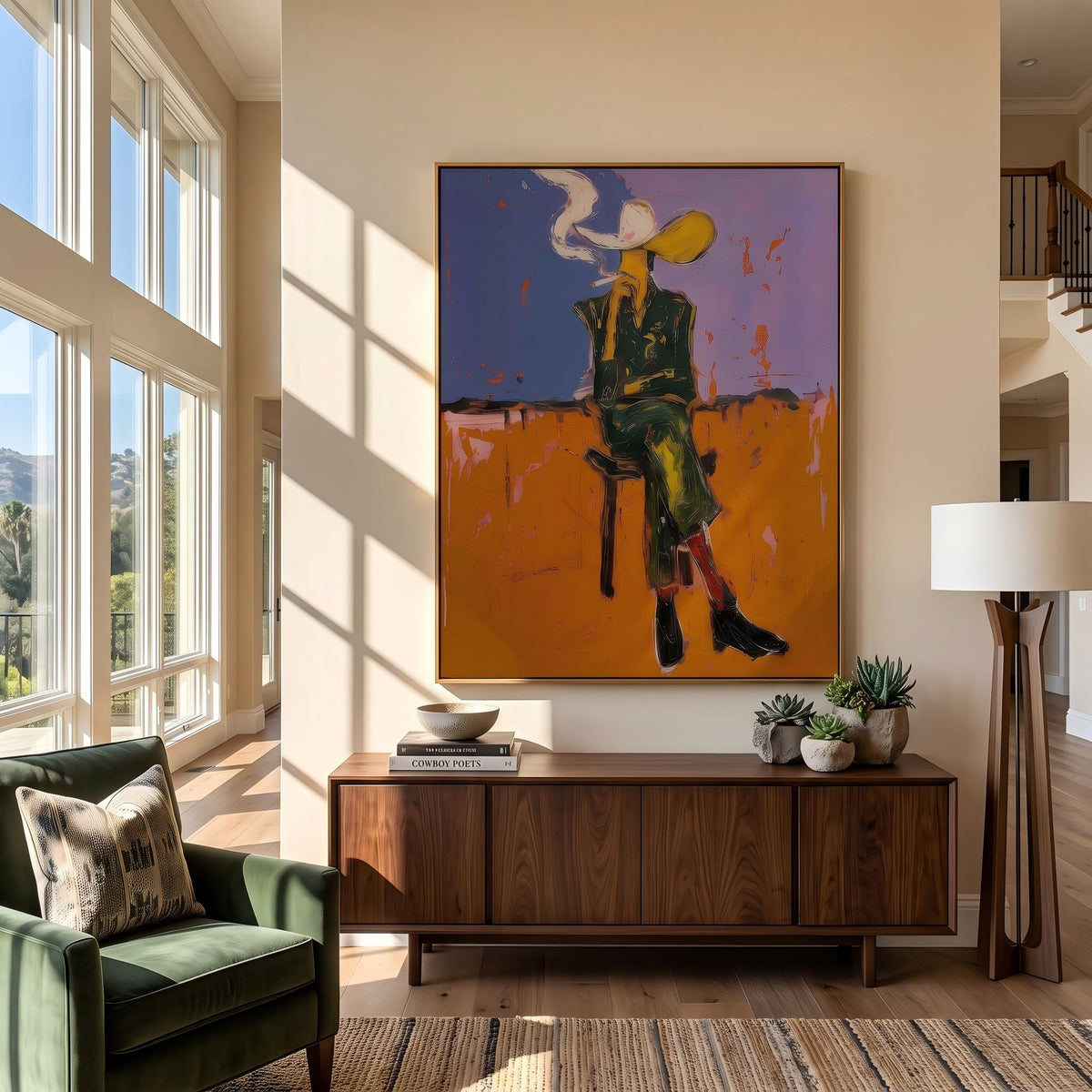 "Cigarettes Western Cowboy" - Modern Heavy Impasto Western Animal Artwork | Orange Palette Knife Painting | Luxury Vertical Wall Art #PT 2646