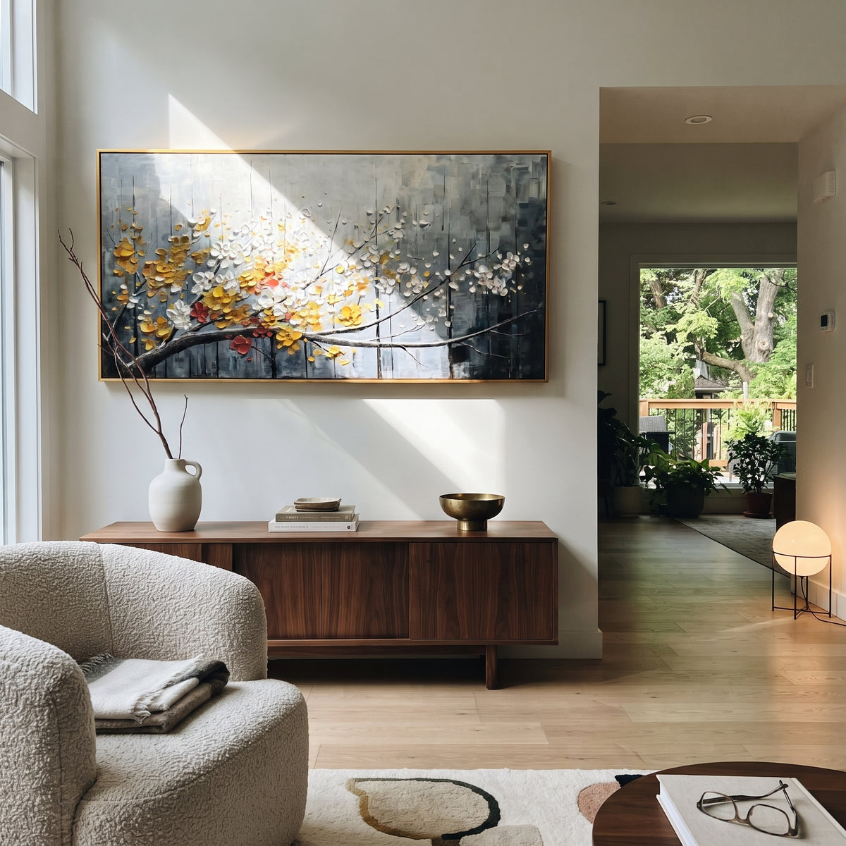 "Azure Quiet Motion" is a 100% hand-painted abstract artwork created with professional oil and acrylic paints on high-quality canvas. Its blue & orange palette and visible textured strokes give every piece authentic handmade variation and tactile depth.