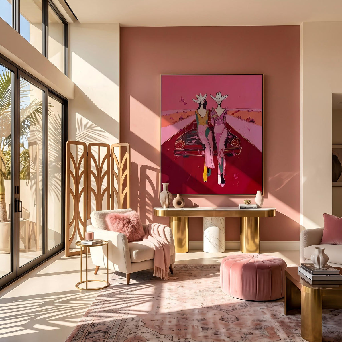 "Cowgirls on the Road" - Modern Heavy Impasto Abstract Artwork | Pink Palette Knife Painting | Luxury Vertical Wall Art #PT 2652
