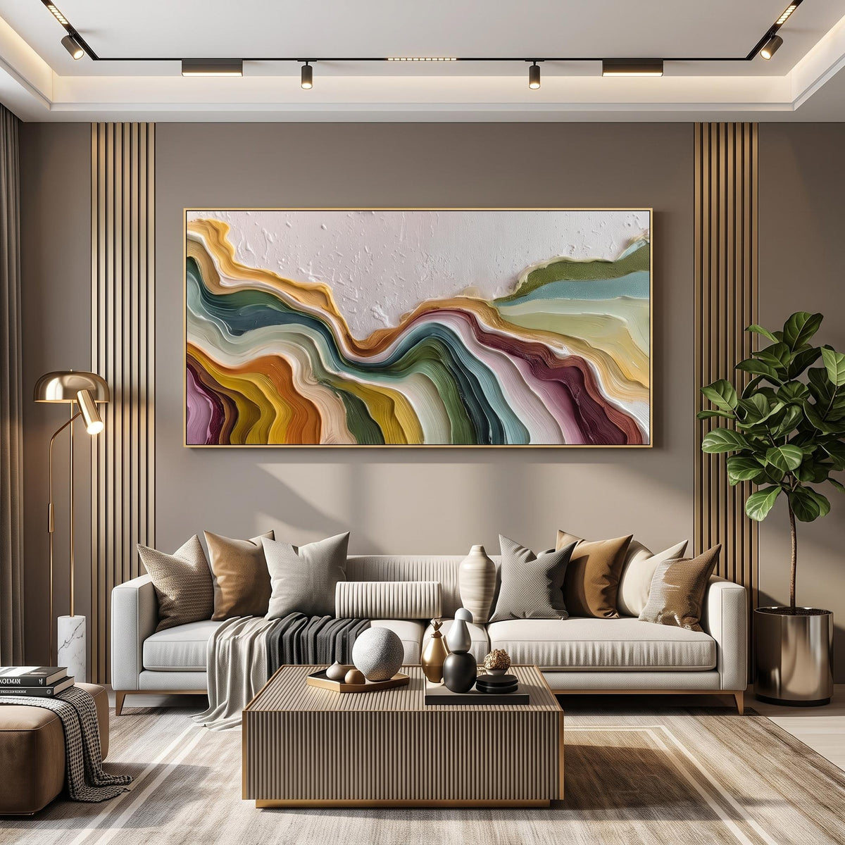 "Color Flowing Layer" - Modern Heavy Impasto Abstract Artwork | Beige Palette Knife Painting | Luxury Horizontal Wall Art #PT 2618