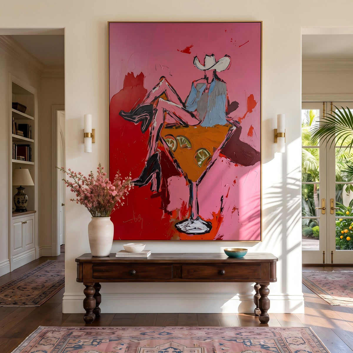 "Pink Cowgirl Cocktail" - Modern Heavy Impasto Western Animal Artwork | Pink Palette Knife Painting | Luxury Vertical Wall Art #PT 2651