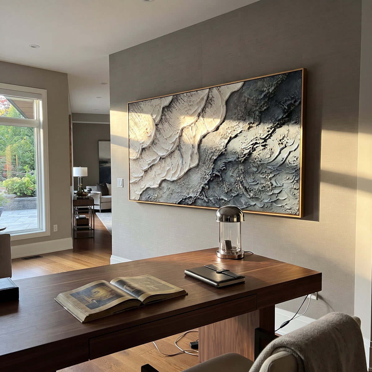 "Azure Modern Construct" is a 100% hand-painted geometric abstract created with professional oil and acrylic paints on high-quality canvas. Its blue & white palette and visible textured strokes give every piece authentic handmade variation and tactile depth.