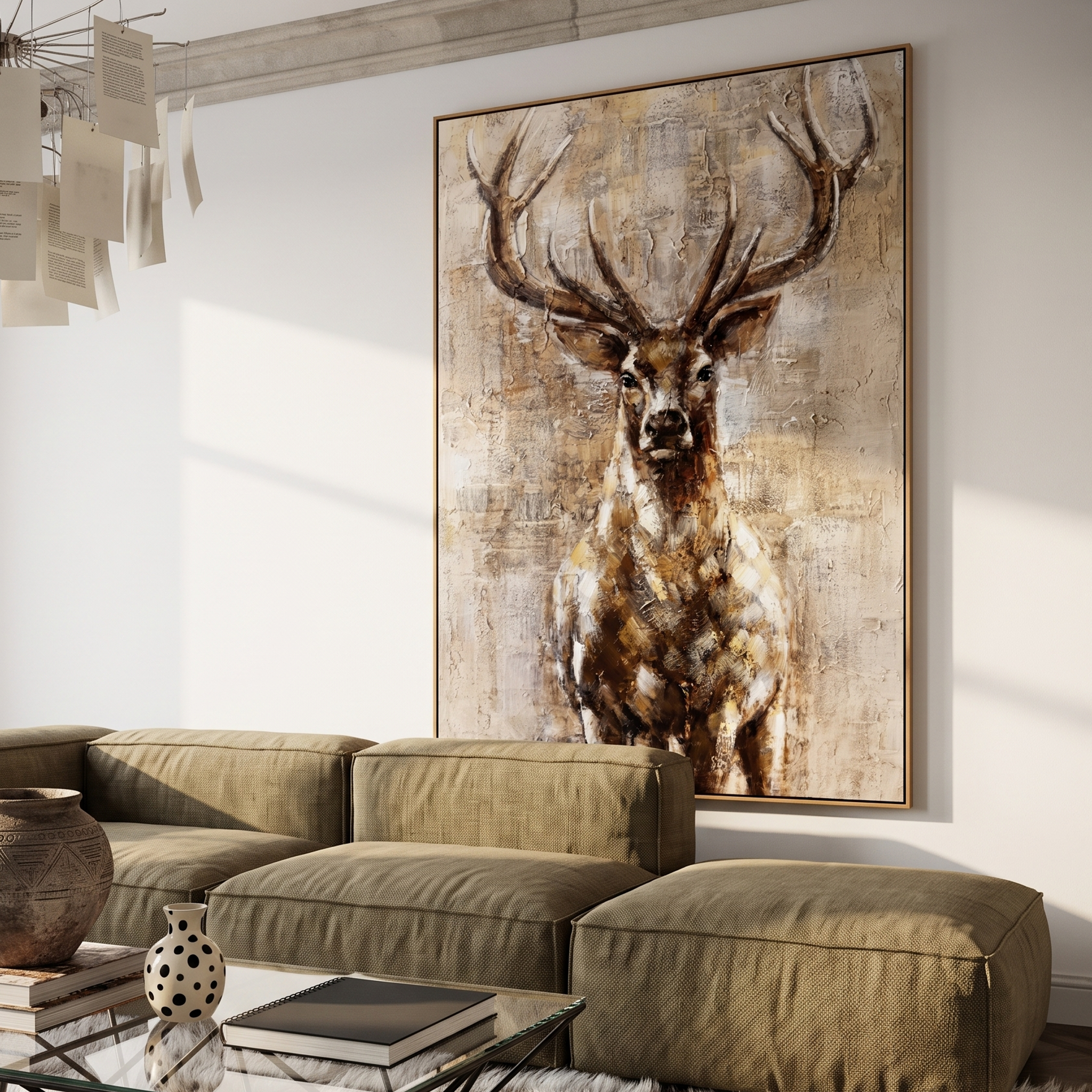 "Majestic Textured Stag Portrait" – Modern Heavy Impasto Wildlife Figurative | 3D Sepia Bronze & Warm Beige Palette Knife Painting | Luxury Vertical Wall Art #AN 152