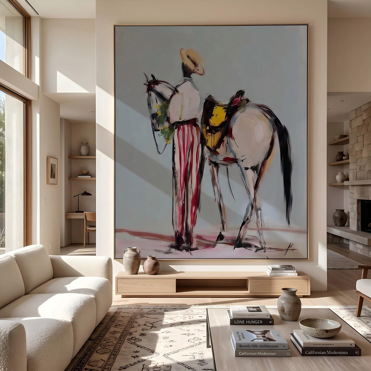 "Western Cowboy and Horse" - Modern Heavy Impasto Western Animal Artwork | White Palette Knife Painting | Luxury Vertical Wall Art #PT 2637
