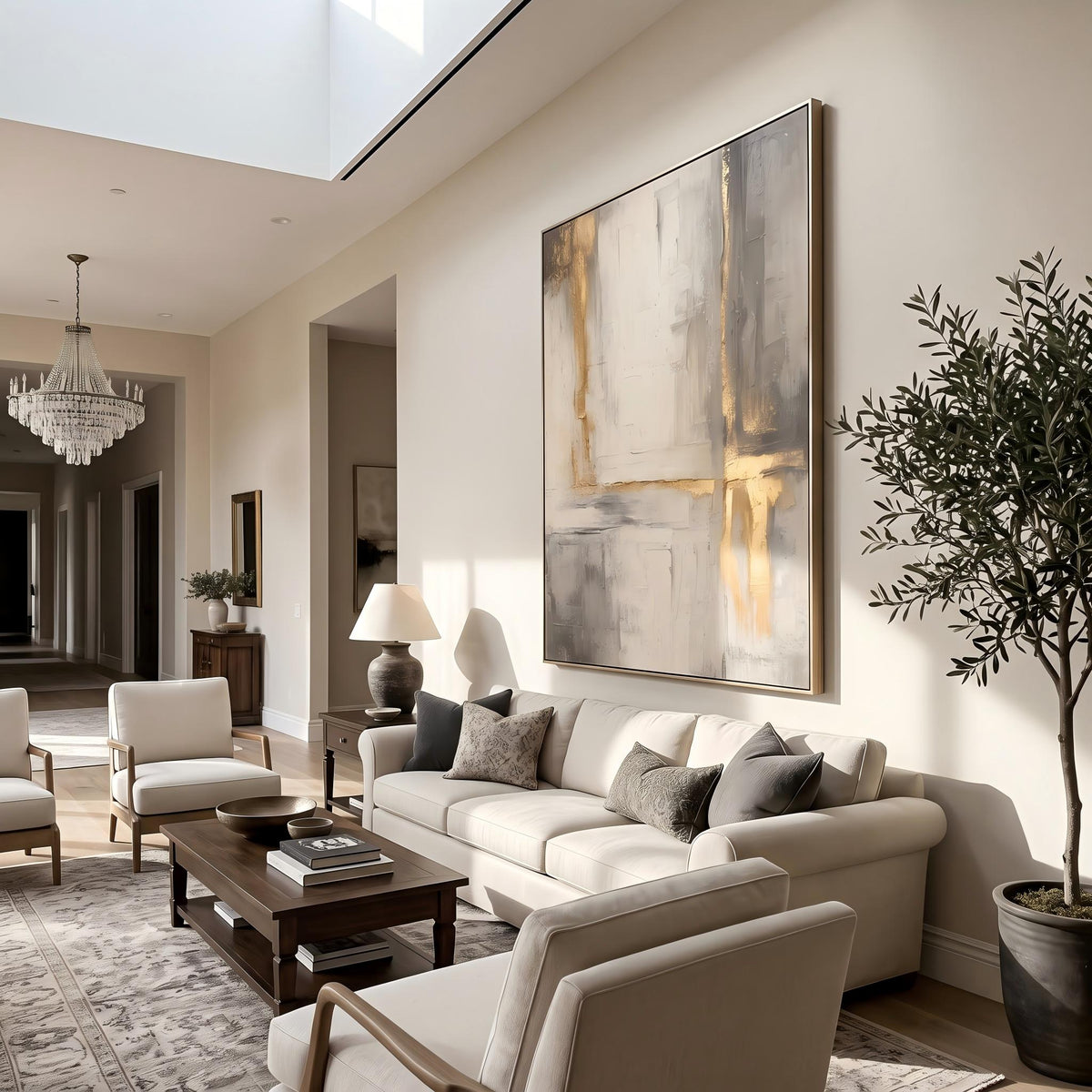 "Gold Foil Luxury" - Modern Heavy Impasto Abstract Artwork | Beige & White Palette Knife Painting | Luxury Vertical Wall Art #PT 2626