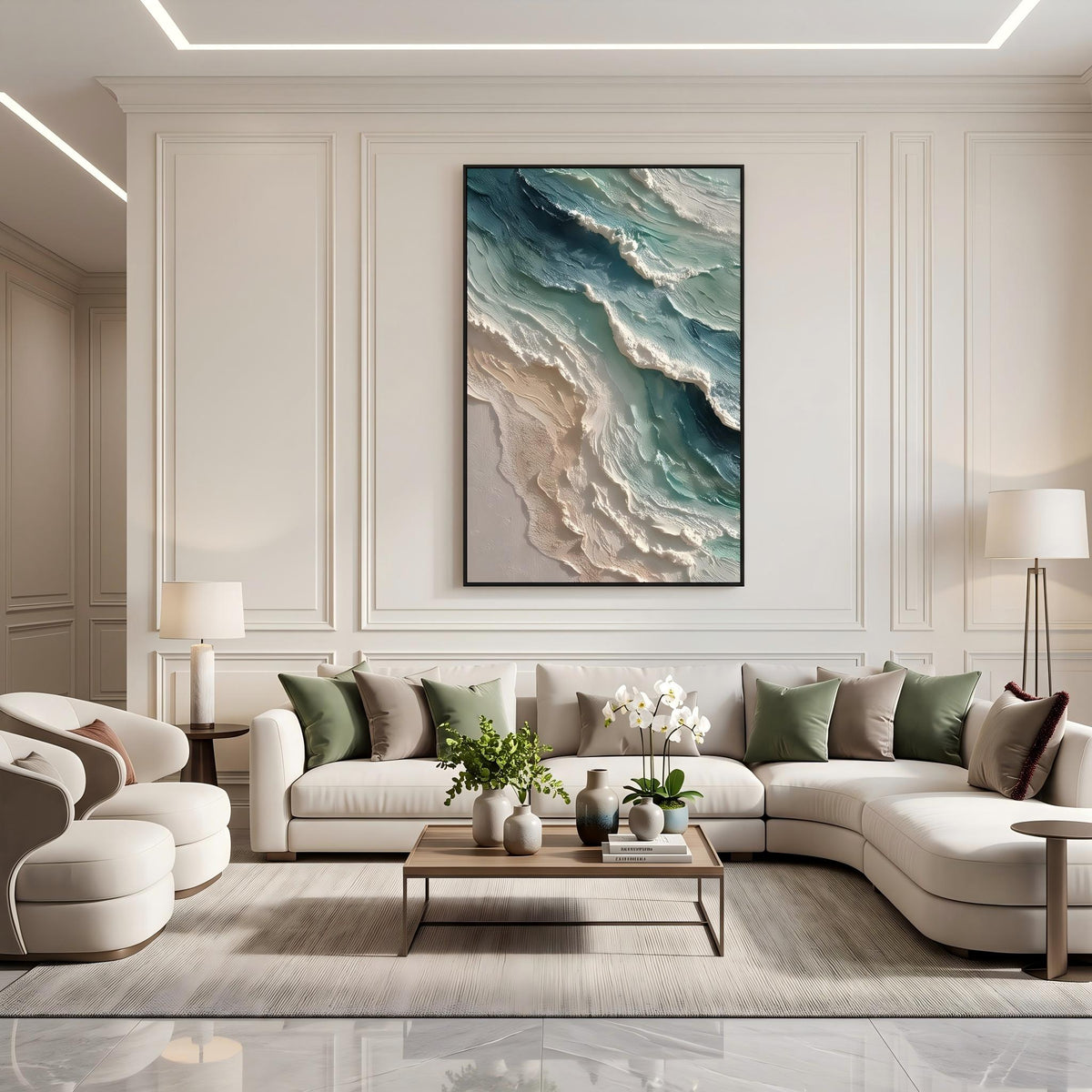 "Blue Green Coastal Wall" - Modern Heavy Impasto Coastal Landscape | Beige Palette Knife Painting | Luxury Vertical Wall Art #PT 2632