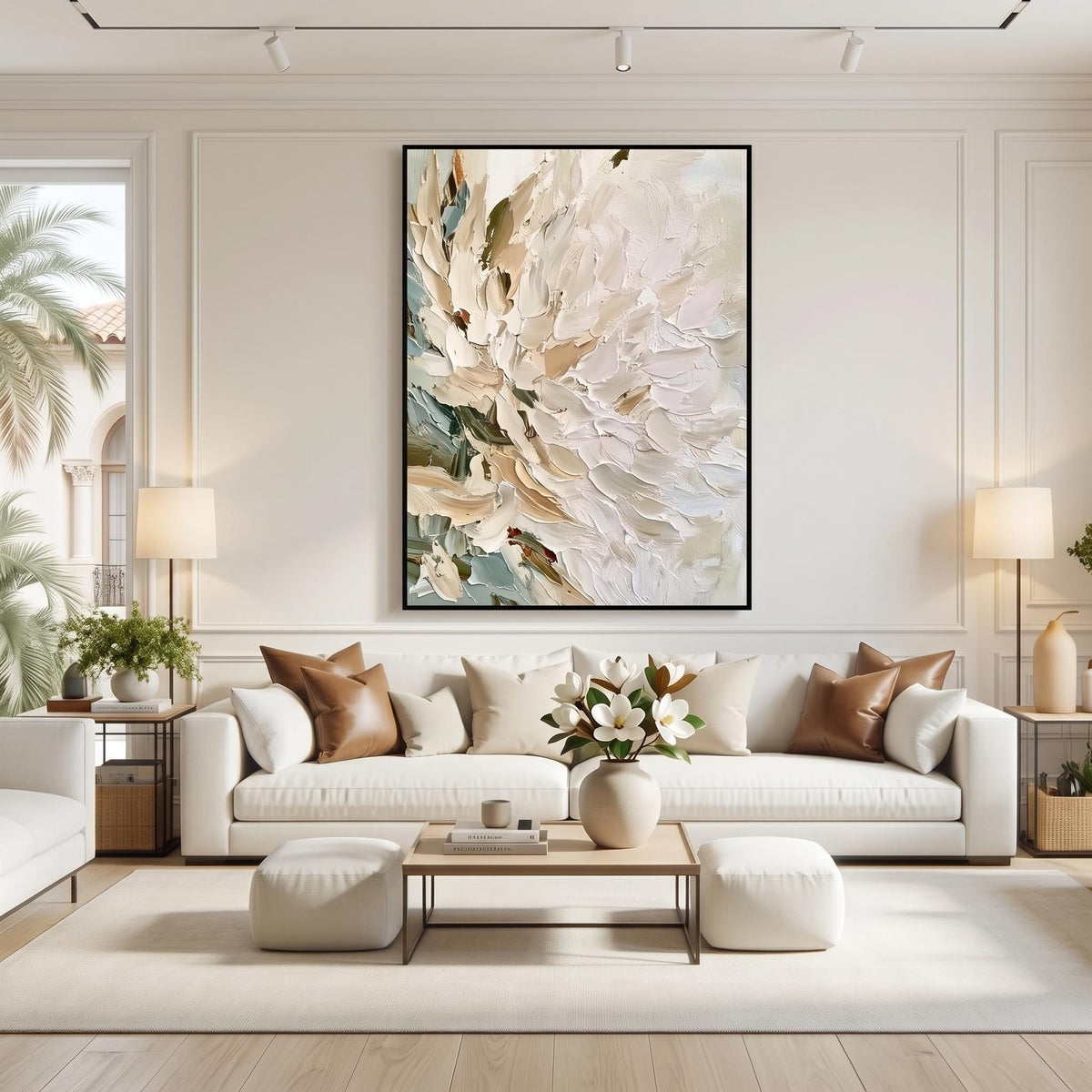 "Vertical Impasto White Flower" - Modern Heavy Impasto Floral Abstract | Beige Palette Knife Painting | Luxury Vertical Wall Art #PT 2620