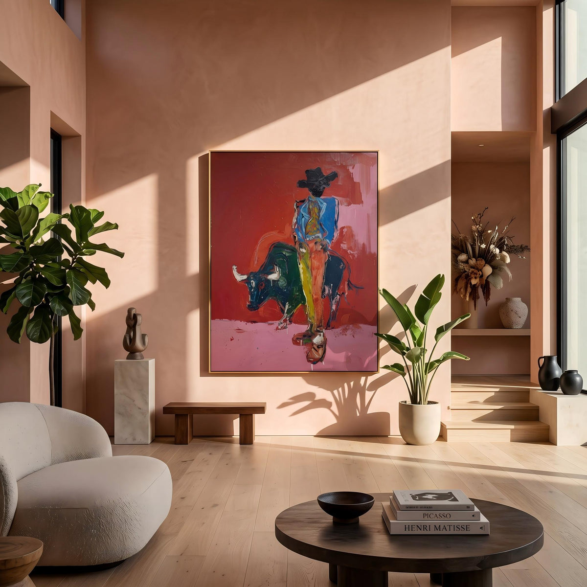 "Bullfighting Western Cowboy" - Modern Heavy Impasto Western Animal Artwork | Pink Palette Knife Painting | Luxury Vertical Wall Art #PT 2648