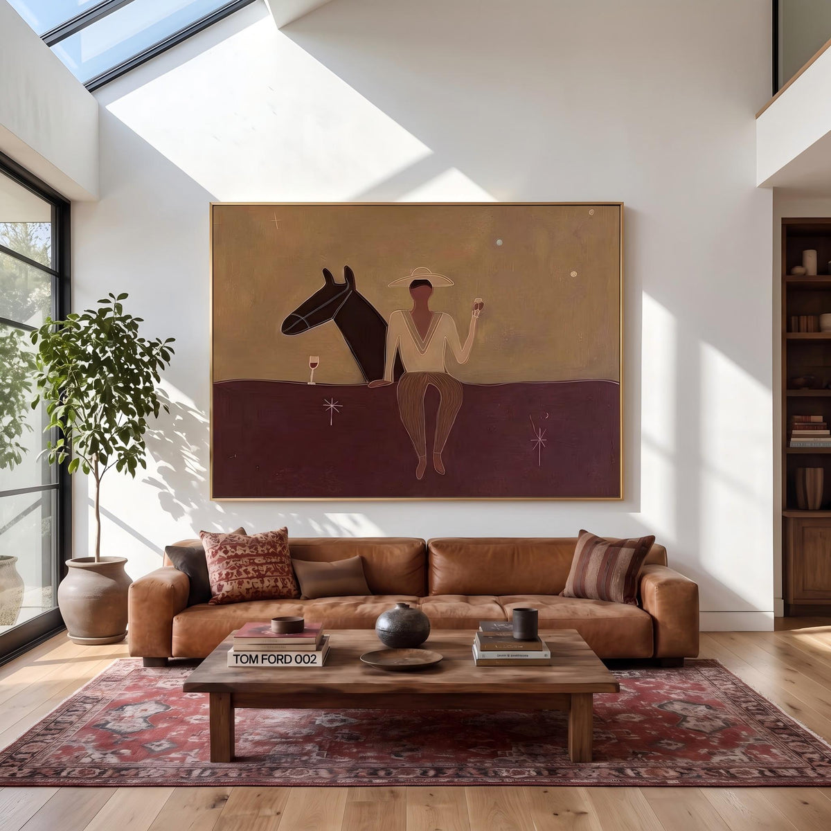 "Western Cowboy and Horse" - Modern Heavy Impasto Western Animal Artwork | Purple Palette Knife Painting | Luxury Horizontal Wall Art #PT 2636