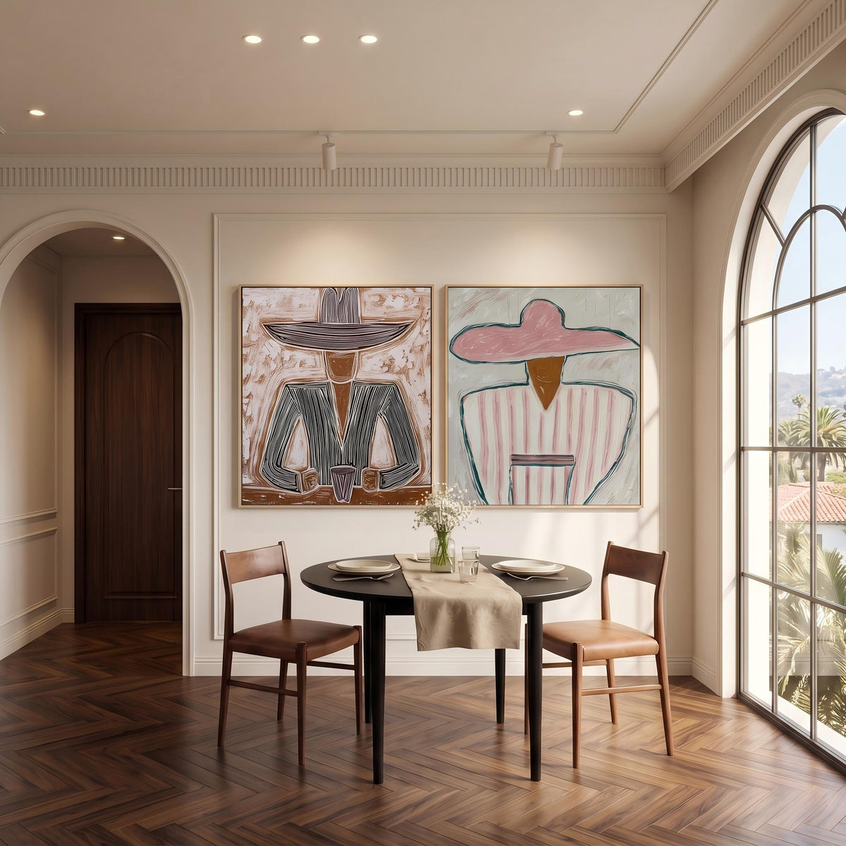 "Double Wide Striped Hat Western Cowboy and Girl" - Modern Heavy Impasto Western Animal Artwork | Golden Palette Knife Painting | Luxury Two-Panel Square Wall Art #PT 2635
