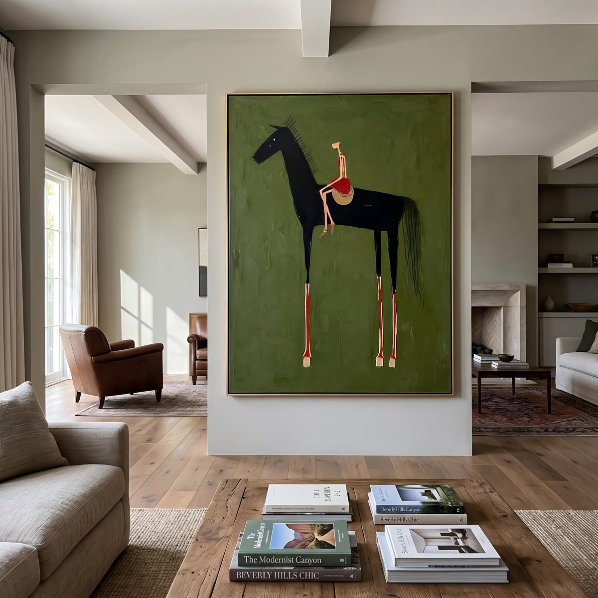 "Black Horse & Rider" - Modern Heavy Impasto Western Animal Artwork | Green Palette Knife Painting | Luxury Vertical Wall Art #PT 2625