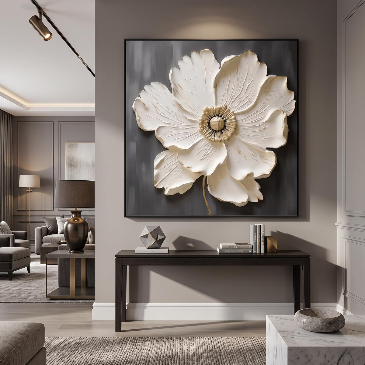 "Square White‑Gold Flower" - Modern Heavy Impasto Floral Abstract | White Palette Knife Painting | Luxury Square Wall Art #PT 2610