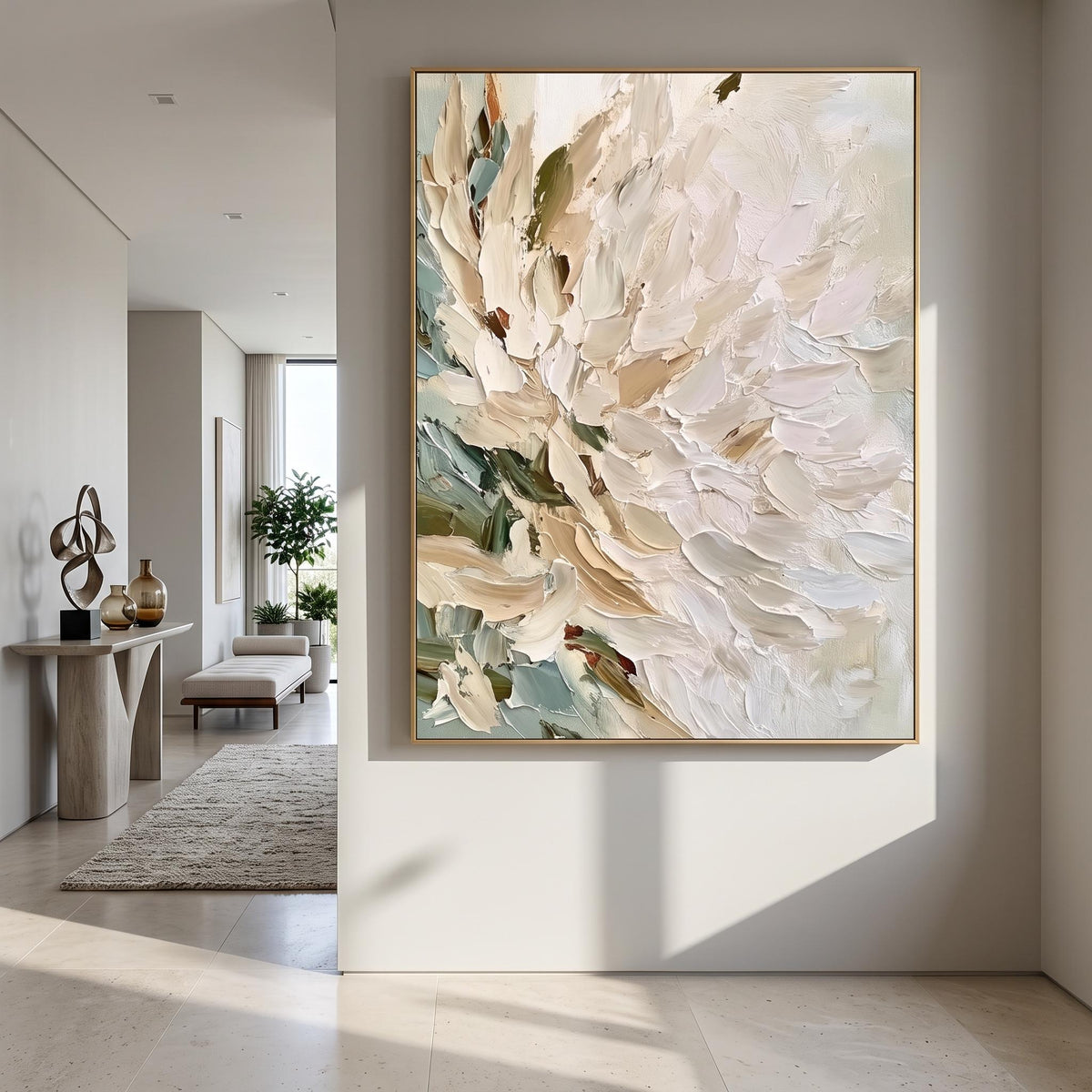 "Vertical Impasto White Flower" - Modern Heavy Impasto Floral Abstract | Beige Palette Knife Painting | Luxury Vertical Wall Art #PT 2620