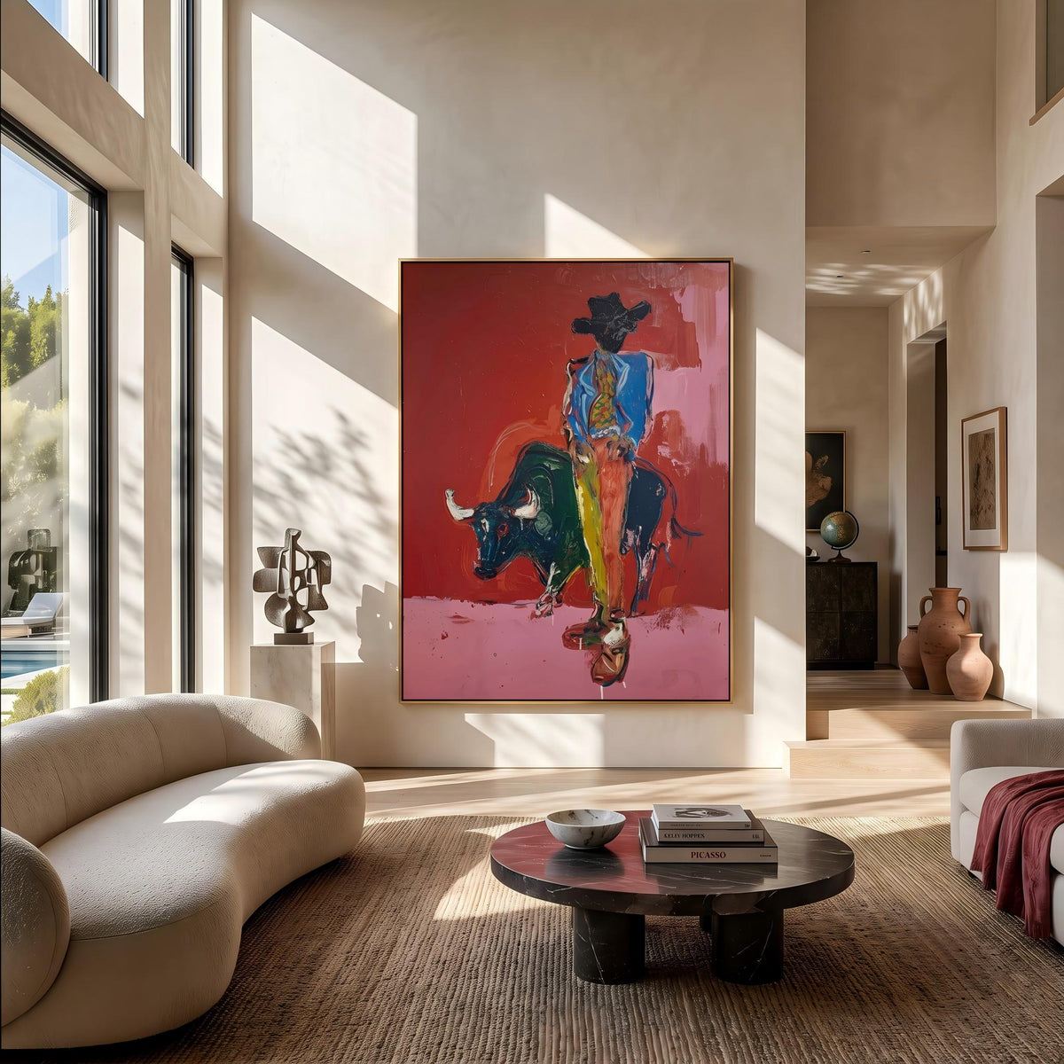 "Bullfighting Western Cowboy" - Modern Heavy Impasto Western Animal Artwork | Pink Palette Knife Painting | Luxury Vertical Wall Art #PT 2648