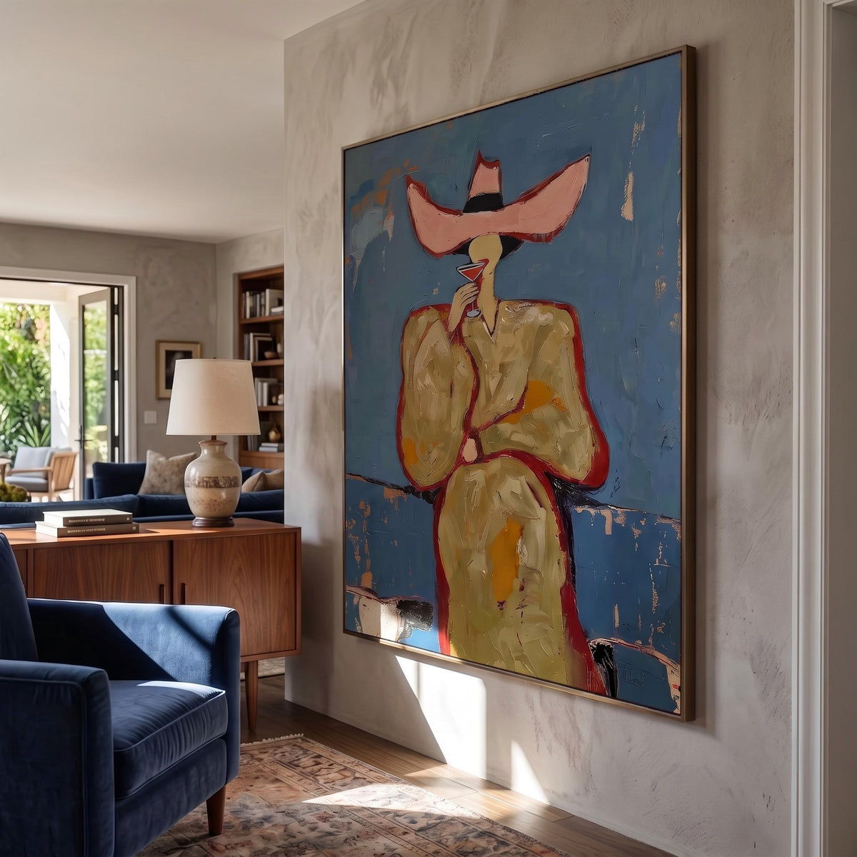 "Pink cowboy hat woman drinking cocktail" - Modern Heavy Impasto Western Animal Artwork | Golden & Orange Palette Knife Painting | Luxury Vertical Wall Art #PT 2643